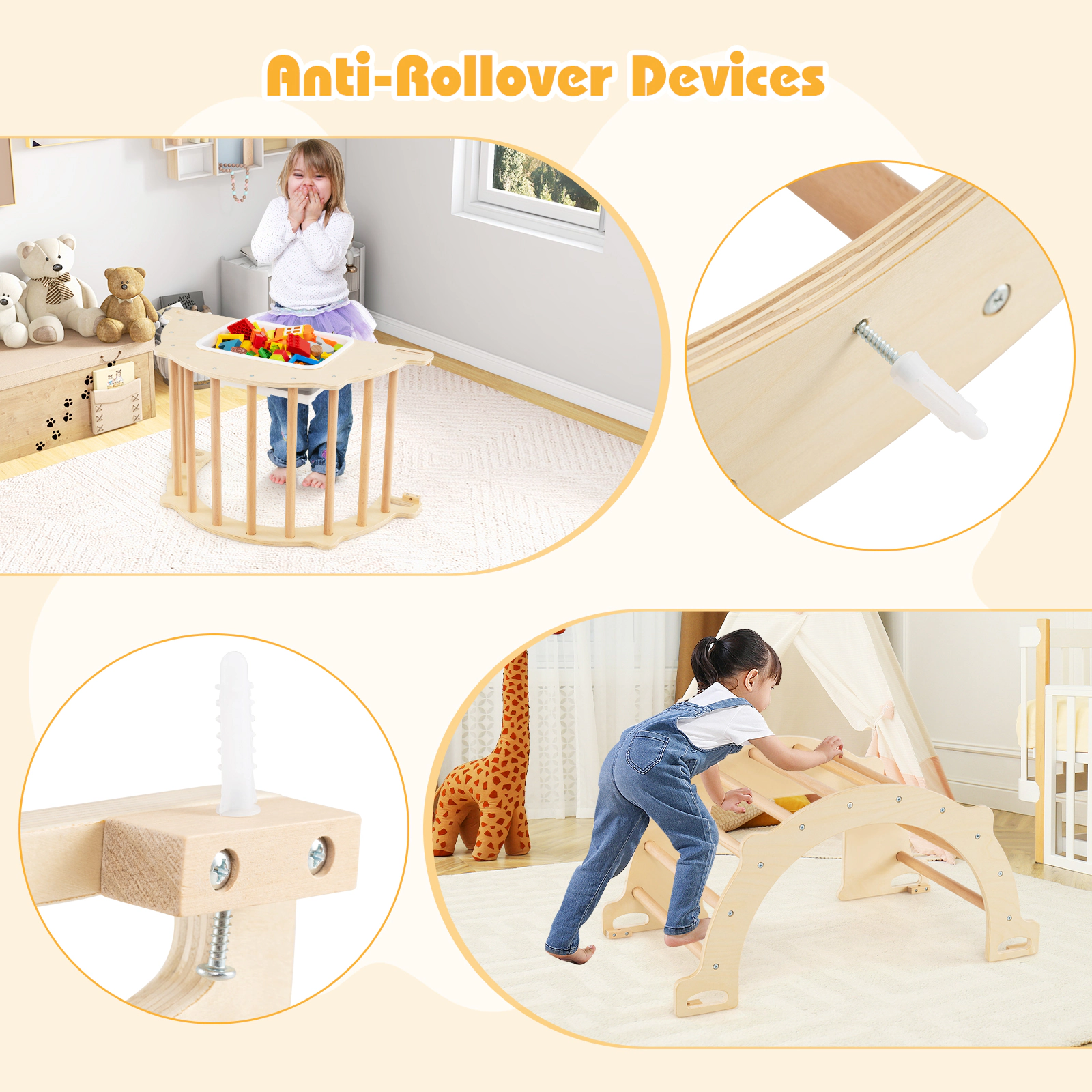 8-in-1 Wooden Climbing Arch Sensory Table Collapsible Storage Bin Rocker Stoppers and 110-lb Capacity Ages 3+ Natural