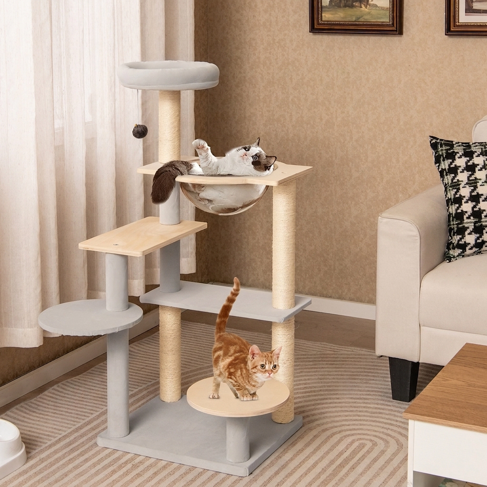 SUGIFT 44-in Natural Modern Cat Tree Tower with Transparent Space Capsule Padded Perch and Sisal Posts
