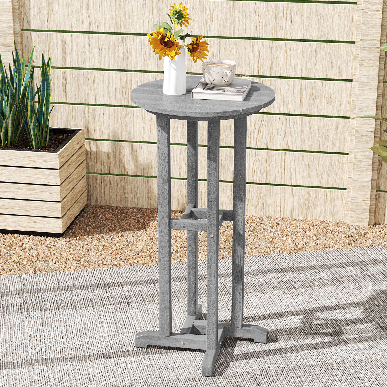SUGIFT 21.5-in Round HDPE Bar Height Dining Table 110-lb Capacity Slatted Tabletop for 25.5-31.5-in Seat Height Gray