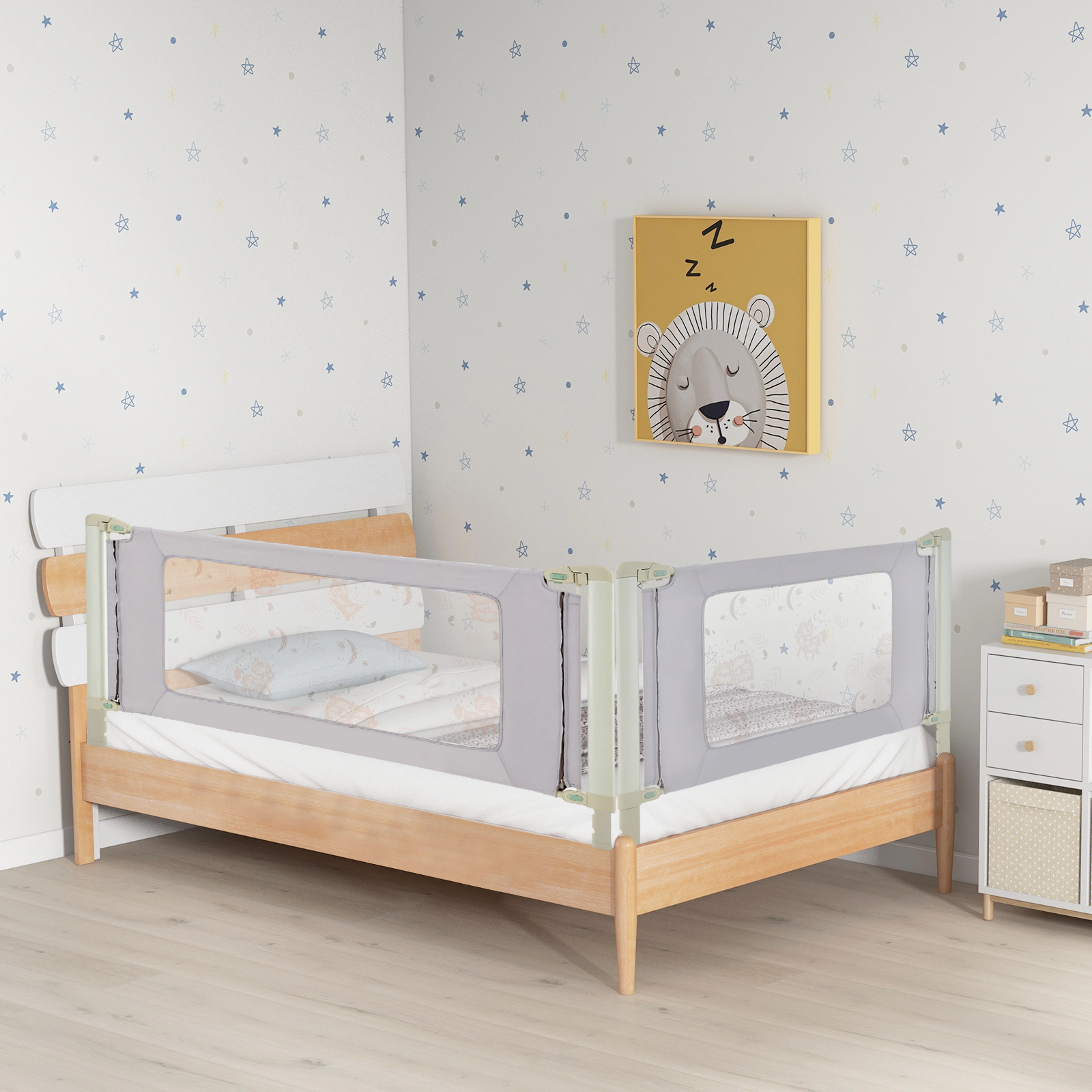 59-in Vertical Lifting Bed Rail for Toddlers with Double Child Lock 4 Height Settings Gap-Free Mattress Fit Gray