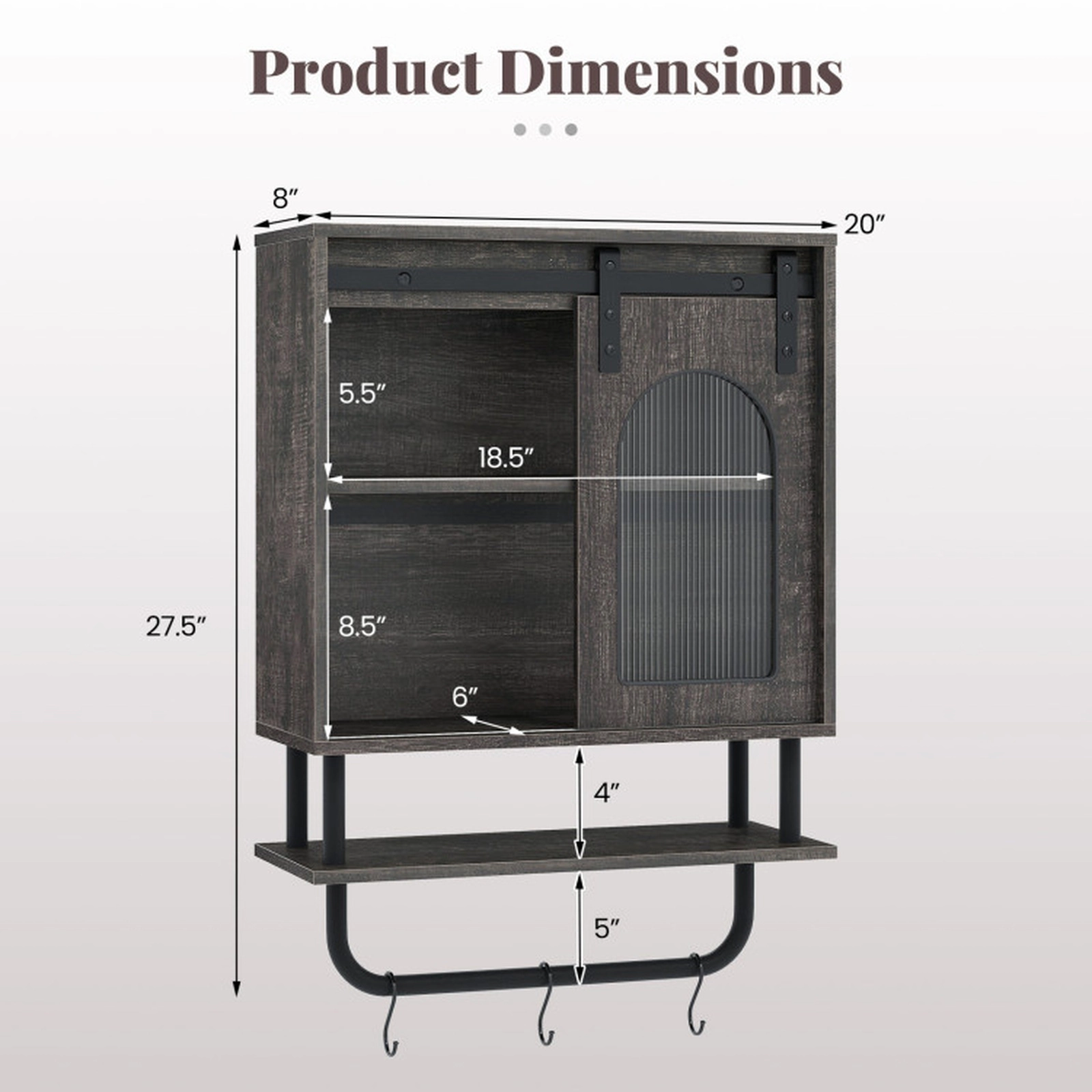 SUGIFT Barn Door Metal Bar 3 Hooks 3-Tier Wall Mount Bathroom Cabinet 20-in x 8-in x 27.5-in 66-lb Capacity Black