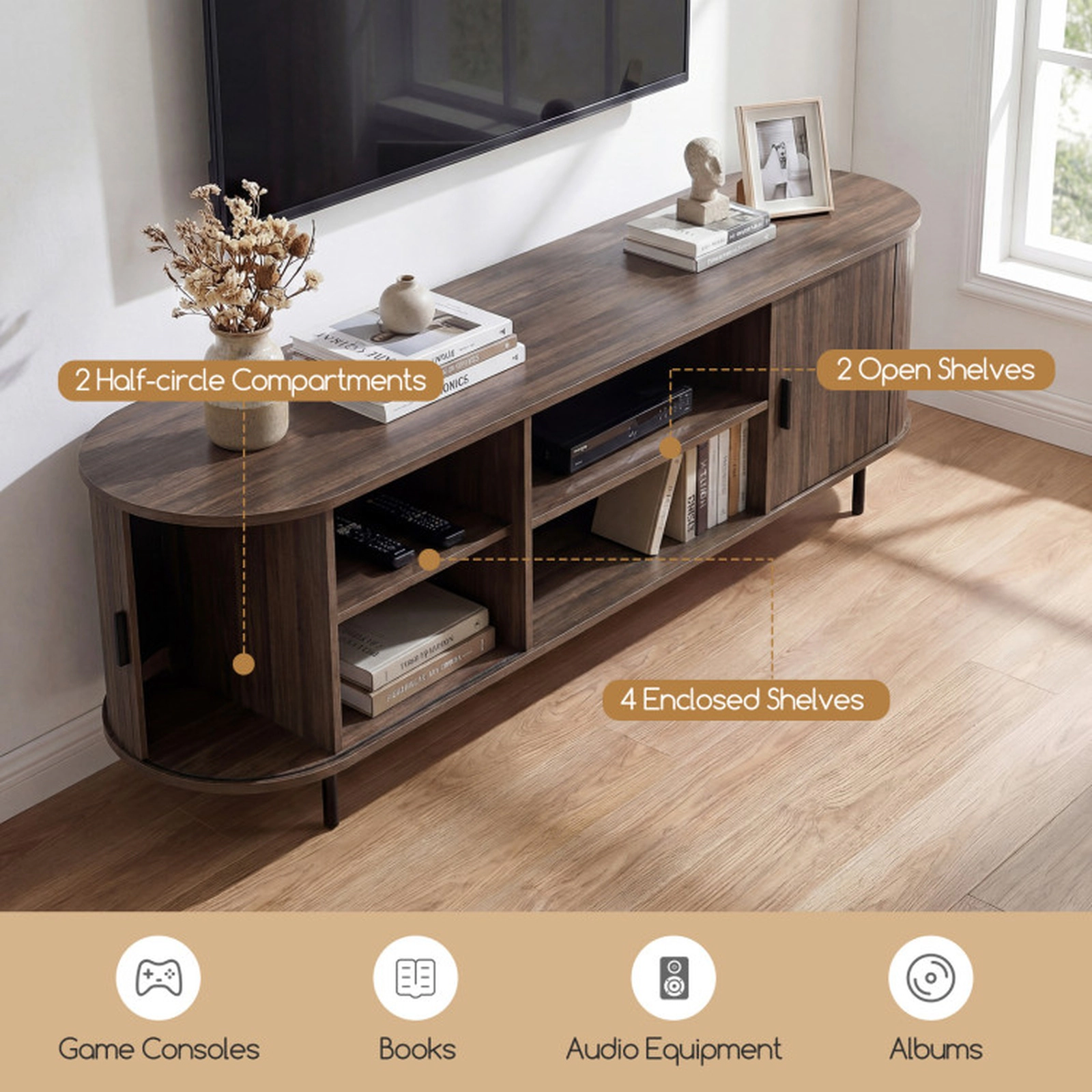 SUGIFT Fluted Sliding Doors Modern Media Console TV Stand 71-in x 16-in x 21.5-in 165-lb Capacity 80-in TV Walnut