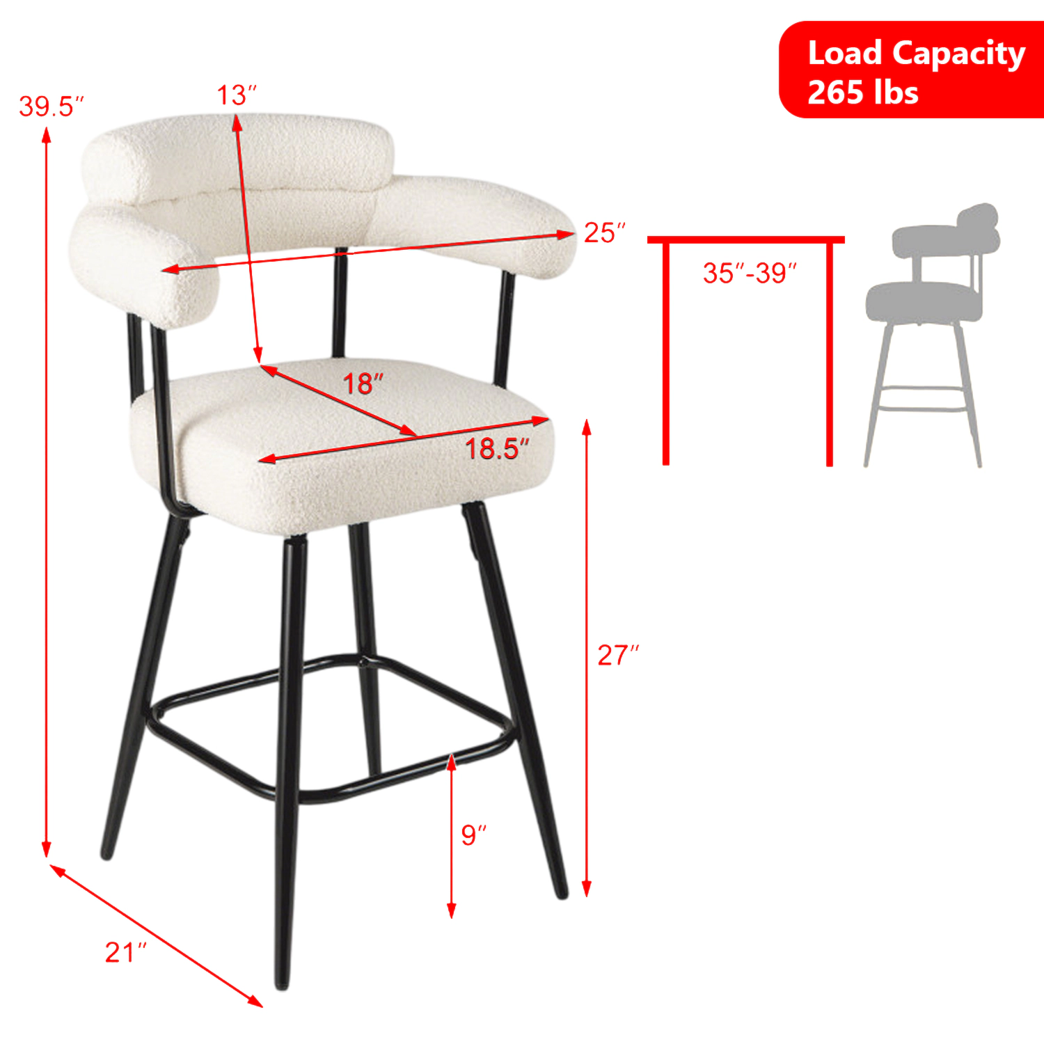 Hivvago Set of 2 Counter Height Swivel Bar Chairs with Armrests and Ergonomic Curved Back