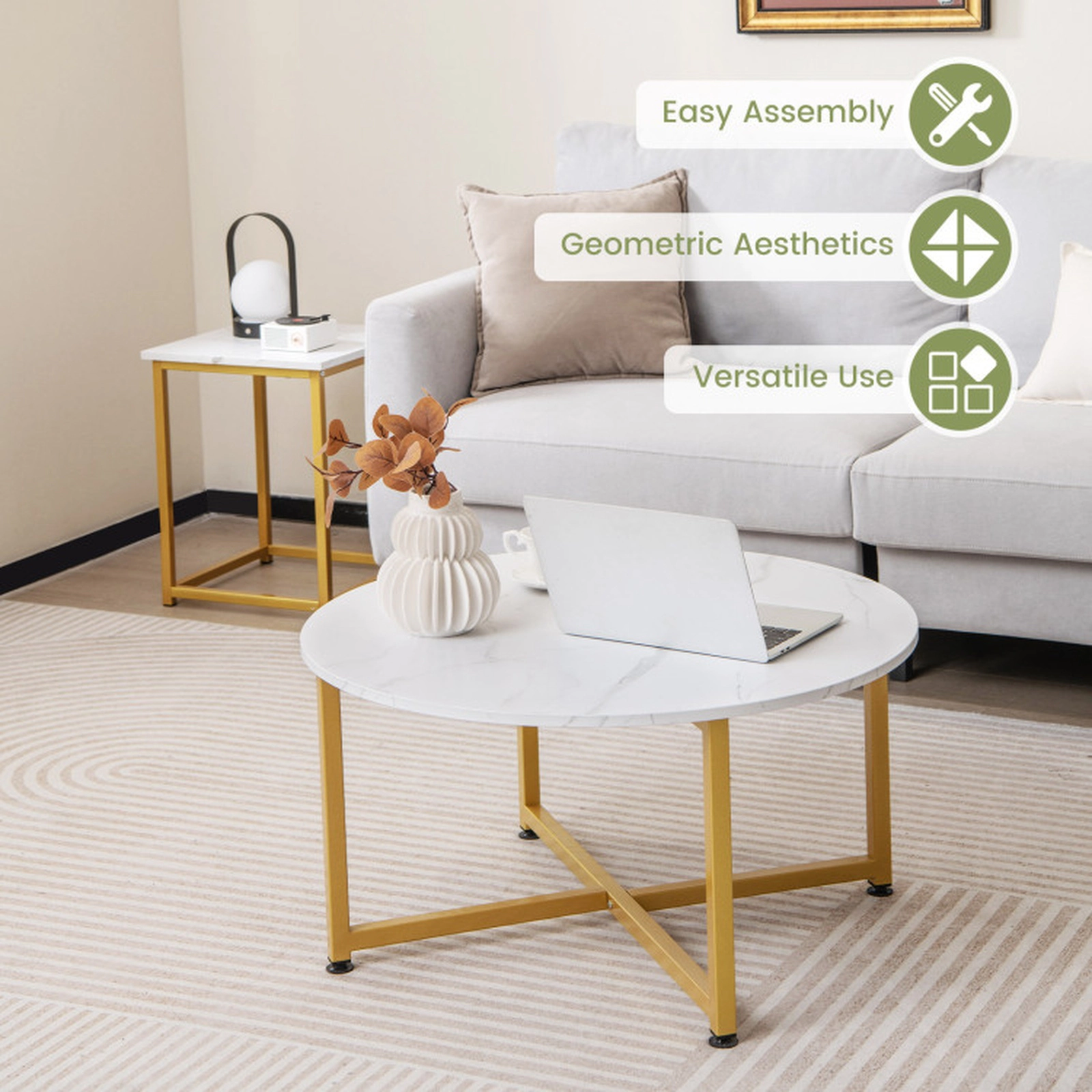 SUGIFT 3-Piece Coffee and End Table Set 220-lb Coffee Table Capacity 110-lb End Table Capacity White and Gold
