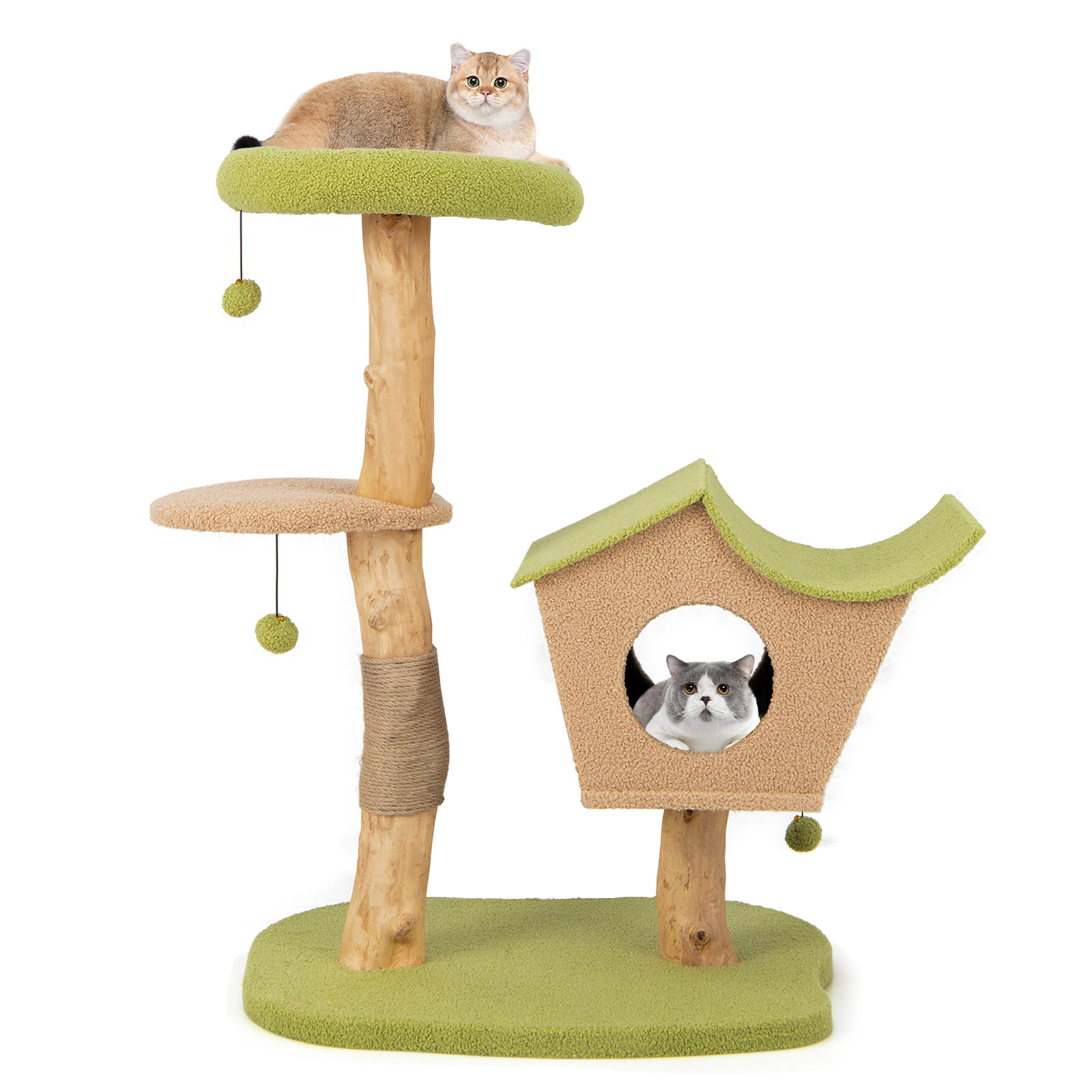 Glintex 43-Inch Pear Wood Cat Tree with Vented 2-Entry Condo and Jute Posts, Green