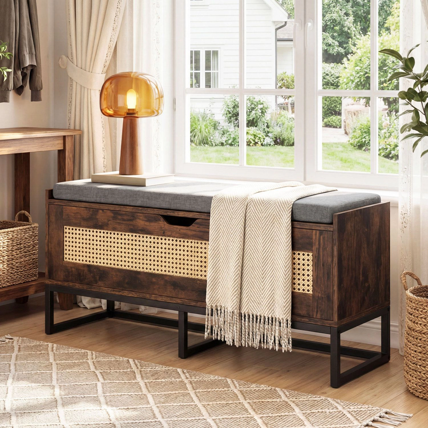 SlickBlue Entryway Storage Chest with Rattan, Flip Top and Shoe Space