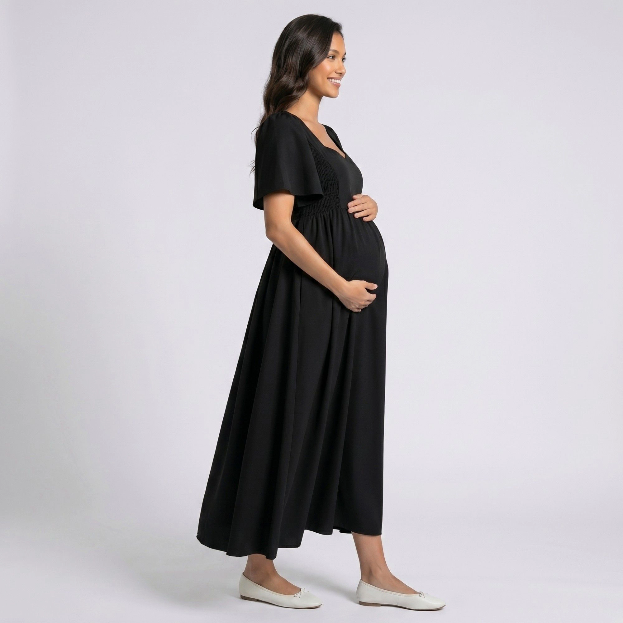 Anna-Kaci Women's Maternity V Neck Flutter Sleeve Smocked Empire Waist Midi Dress