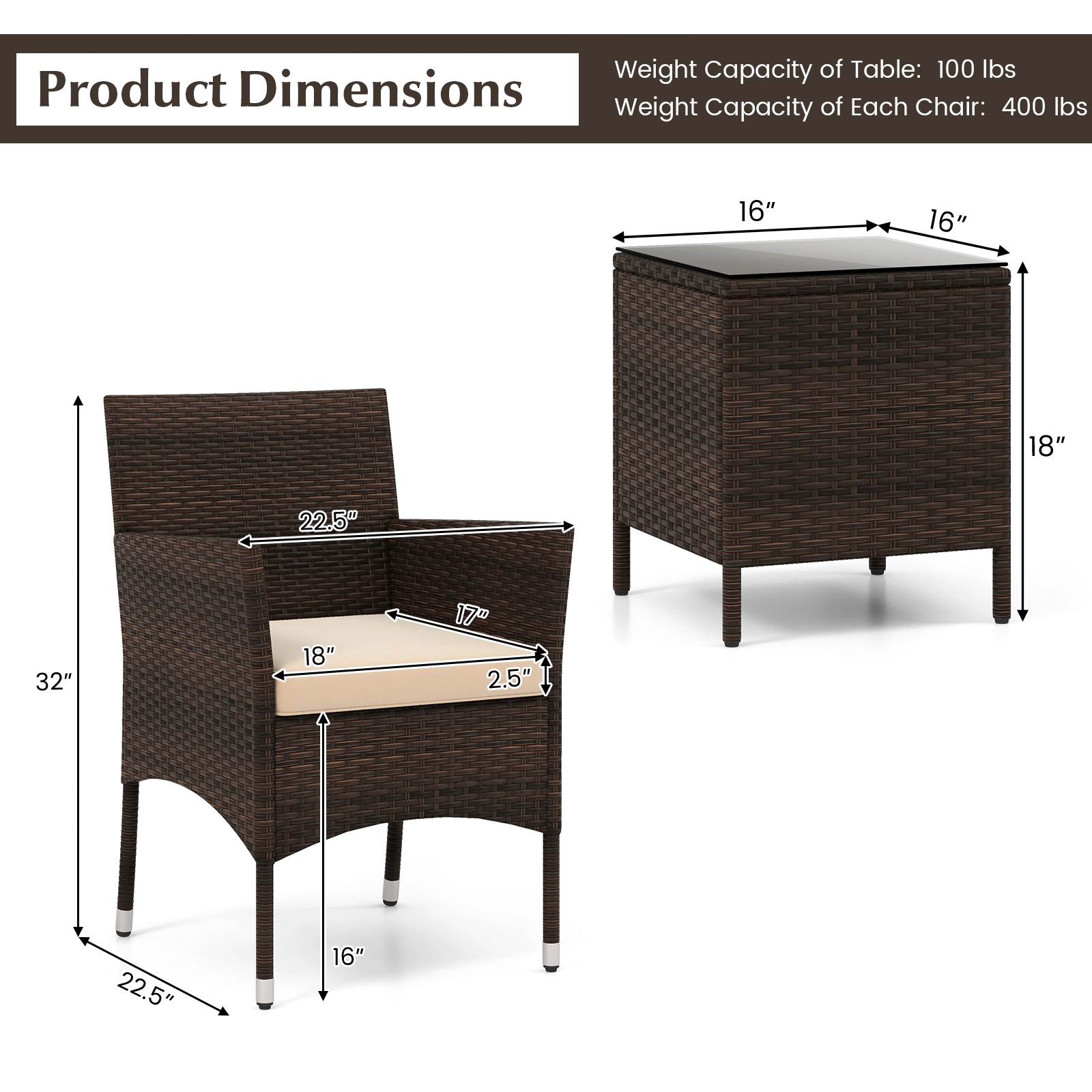 SUGIFT 3-Piece Brown Wicker Balcony Conversation Set with Glass Table and Cushions