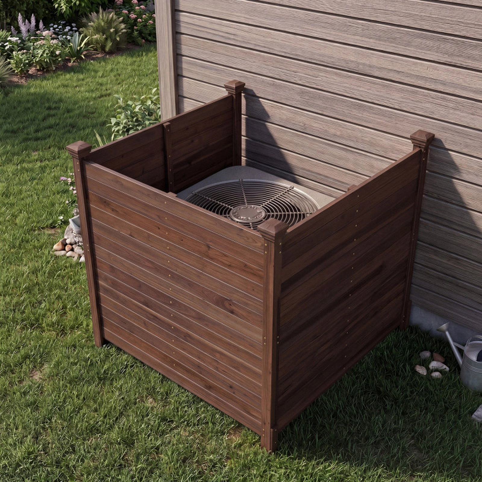 SUGIFT Brown 3-Panel Fir Wood Outdoor Privacy Air Conditioner Fence with 3 12-in Metal Ground Stakes