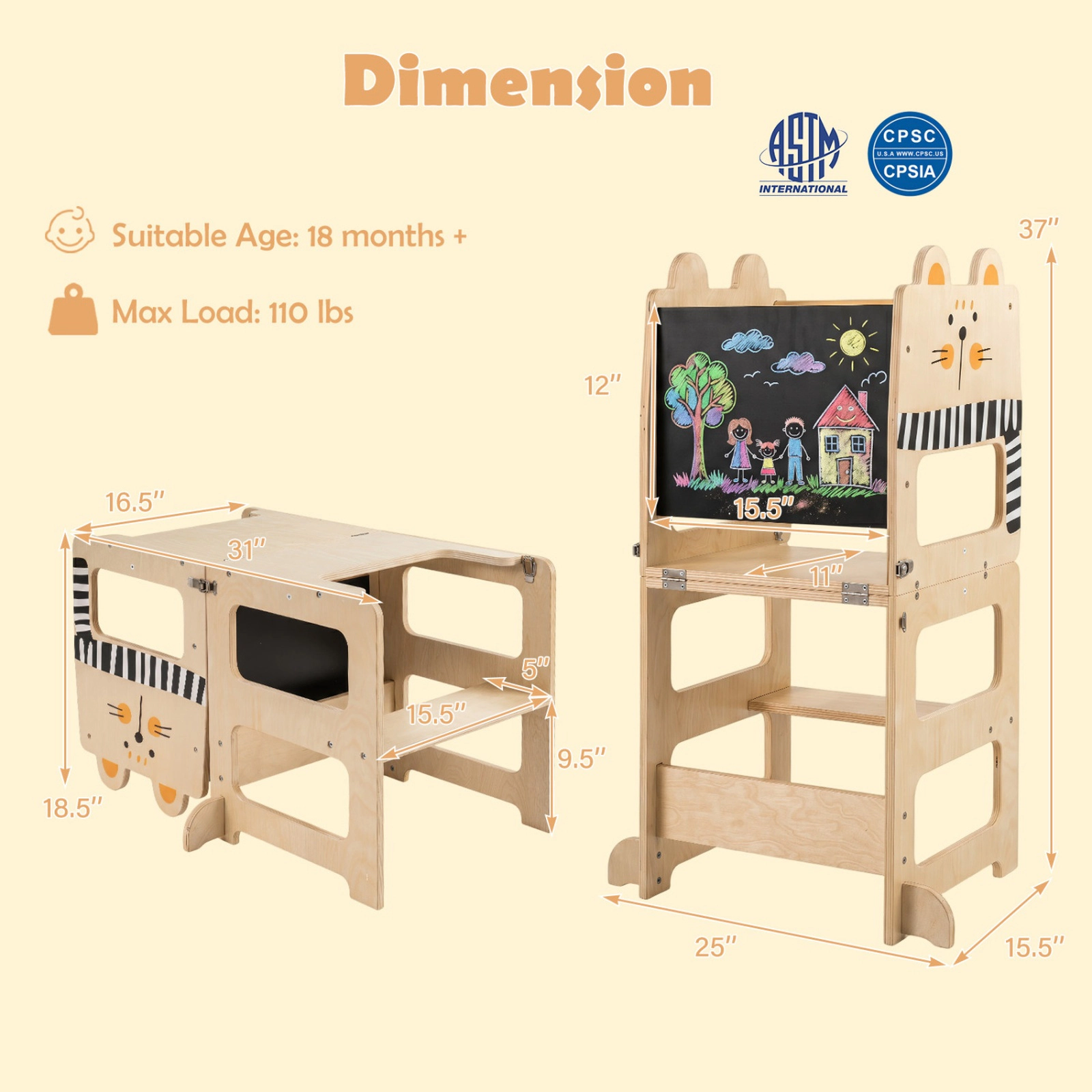 SUGIFT 3-in-1 Wooden Toddler Kitchen Step Stool Black and White with Chalkboard