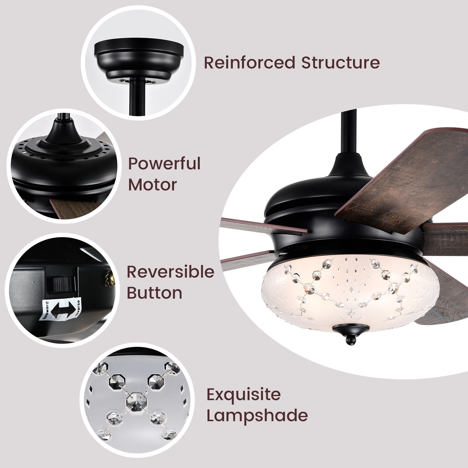 SUGIFT Walnut 5-Blade Retro Ceiling Fan with Remote Control and 3 Wind Speeds 52-in Dia 5520-CFM Airflow