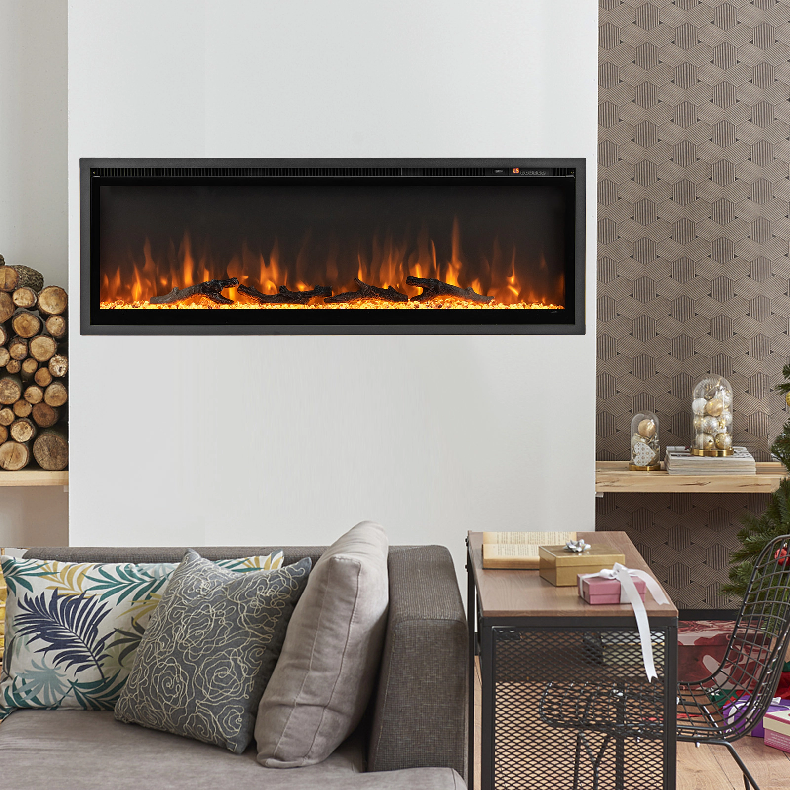 SUGIFT In-Wall Recessed Electric Fireplace with Remote Control 5000 BTU 750W/1500W Heater Black 50-in