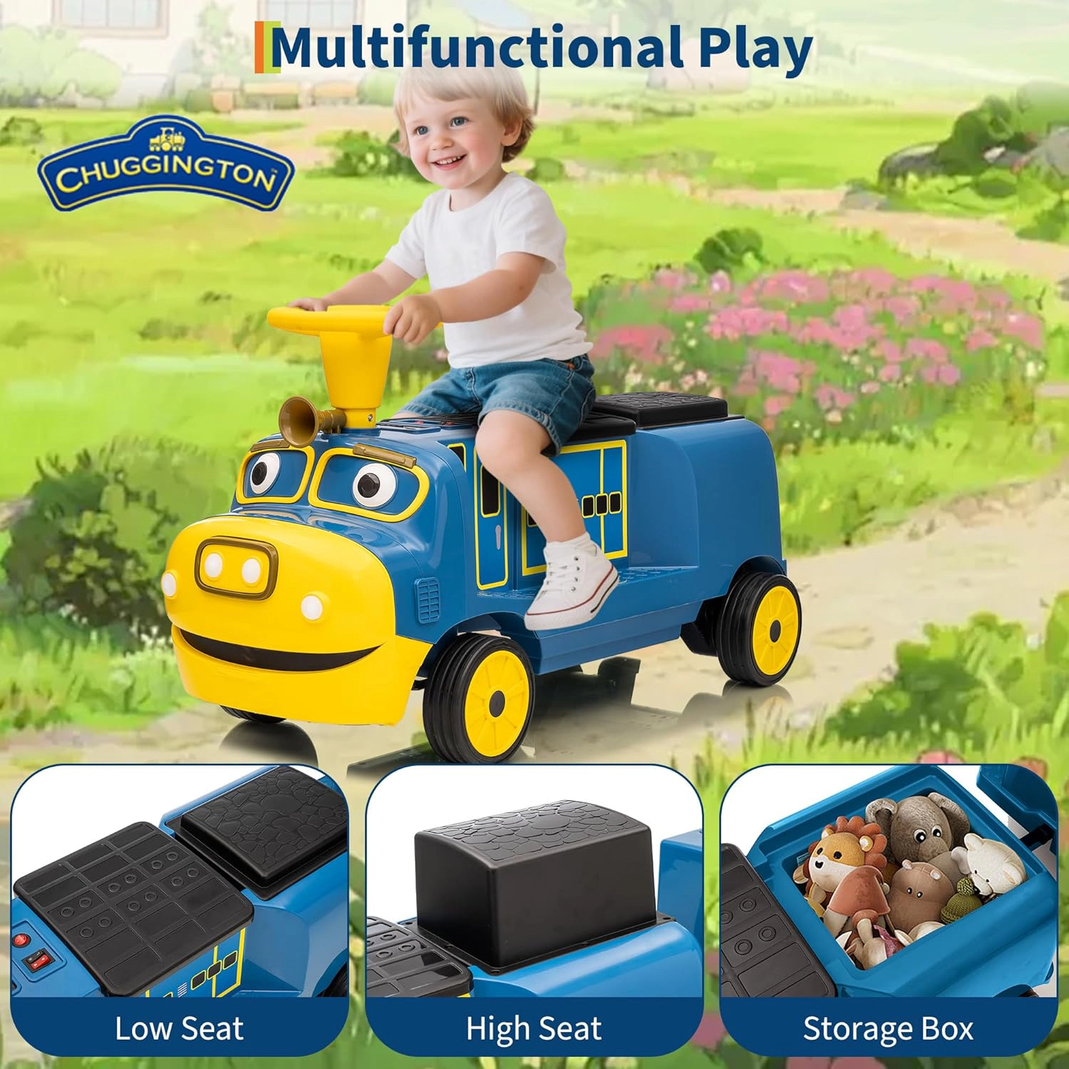 12V 2-Seater Kids Ride On Trackless Train w/ Carriage, Adjustable Seat, Music, LED Lights & Storage for Toddlers 3+