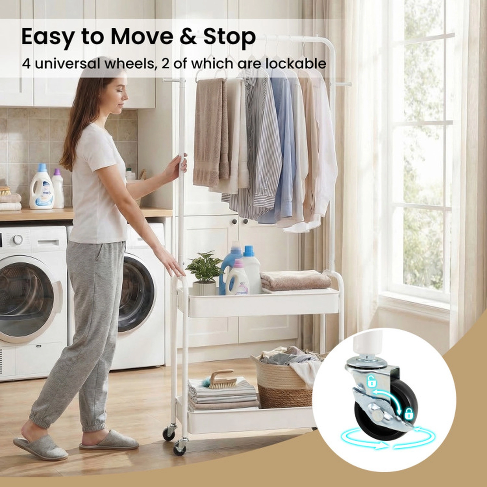SUGIFT 65-in 80-lb Capacity White Rolling Clothes Rack with Hanging Rod Hooks and 2 Storage Baskets