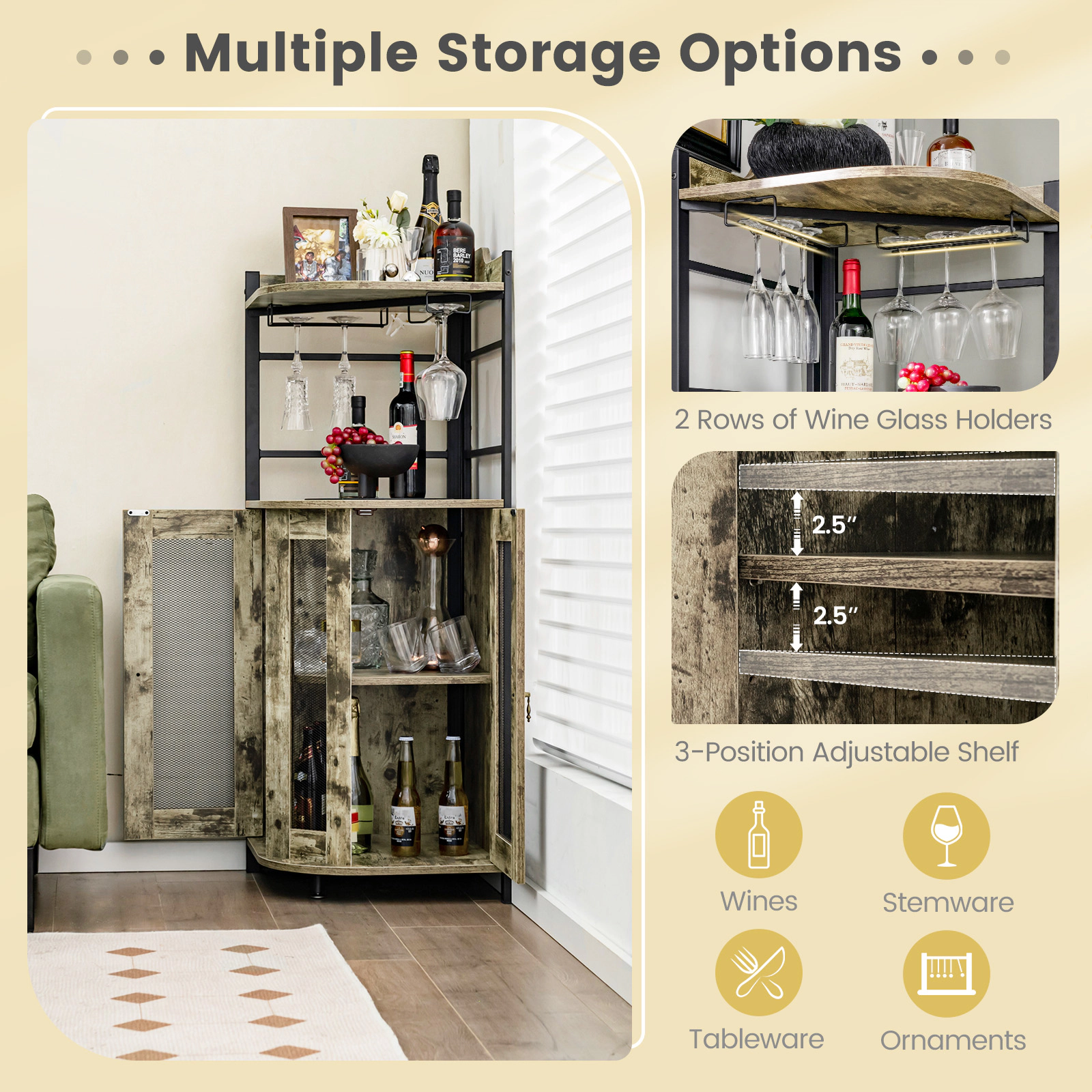 Glintex 51-Inch Corner Bar Cabinet with Glass Holders and Mesh Doors, Taupe