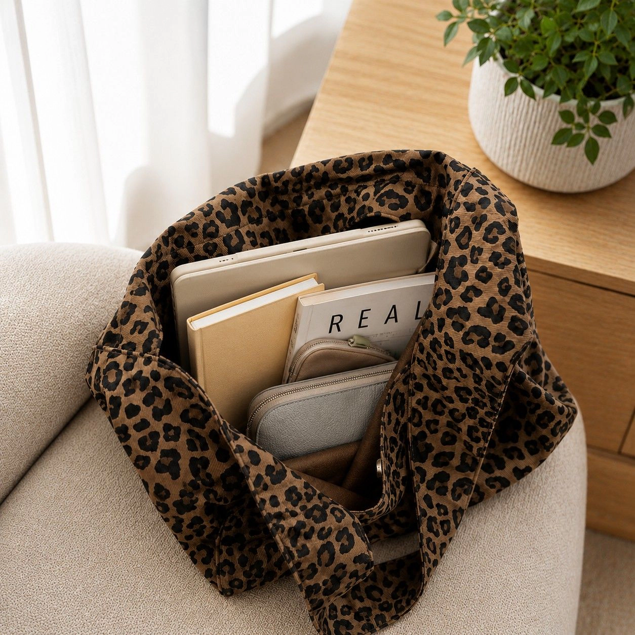 Alilang Women's Leopard Print Fabric Tote Bag Soft Shoulder Bag with Magnetic Snap Closure