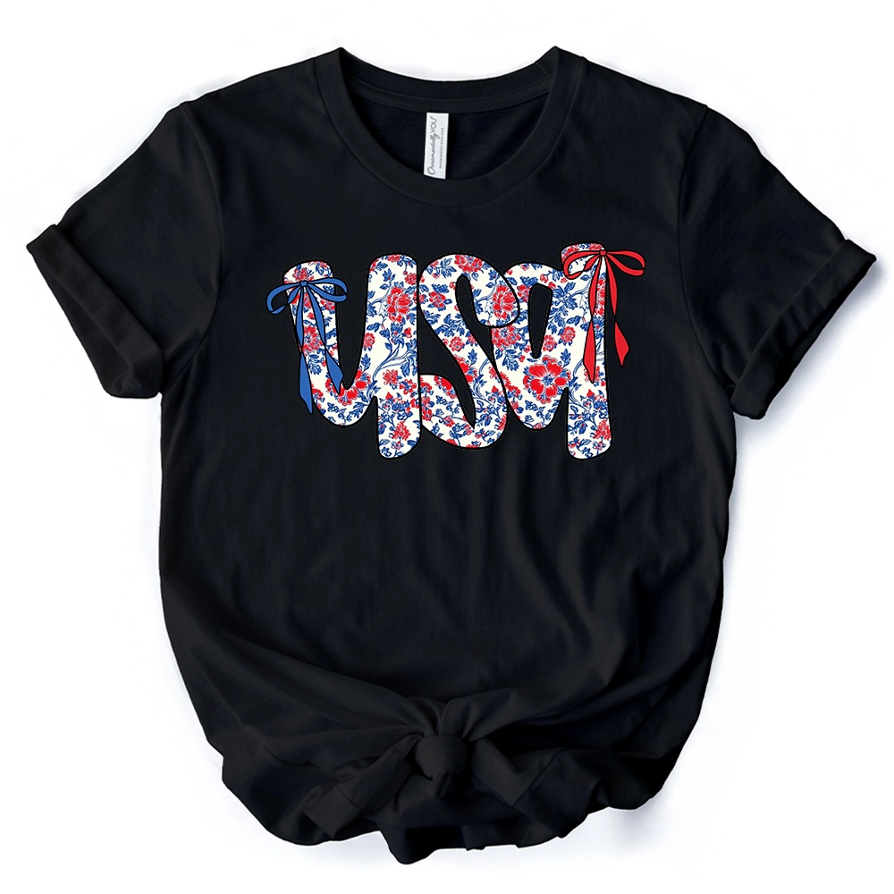 OrnamentallyYou Womens Floral USA Patriotic 4th Of July T-Shirt