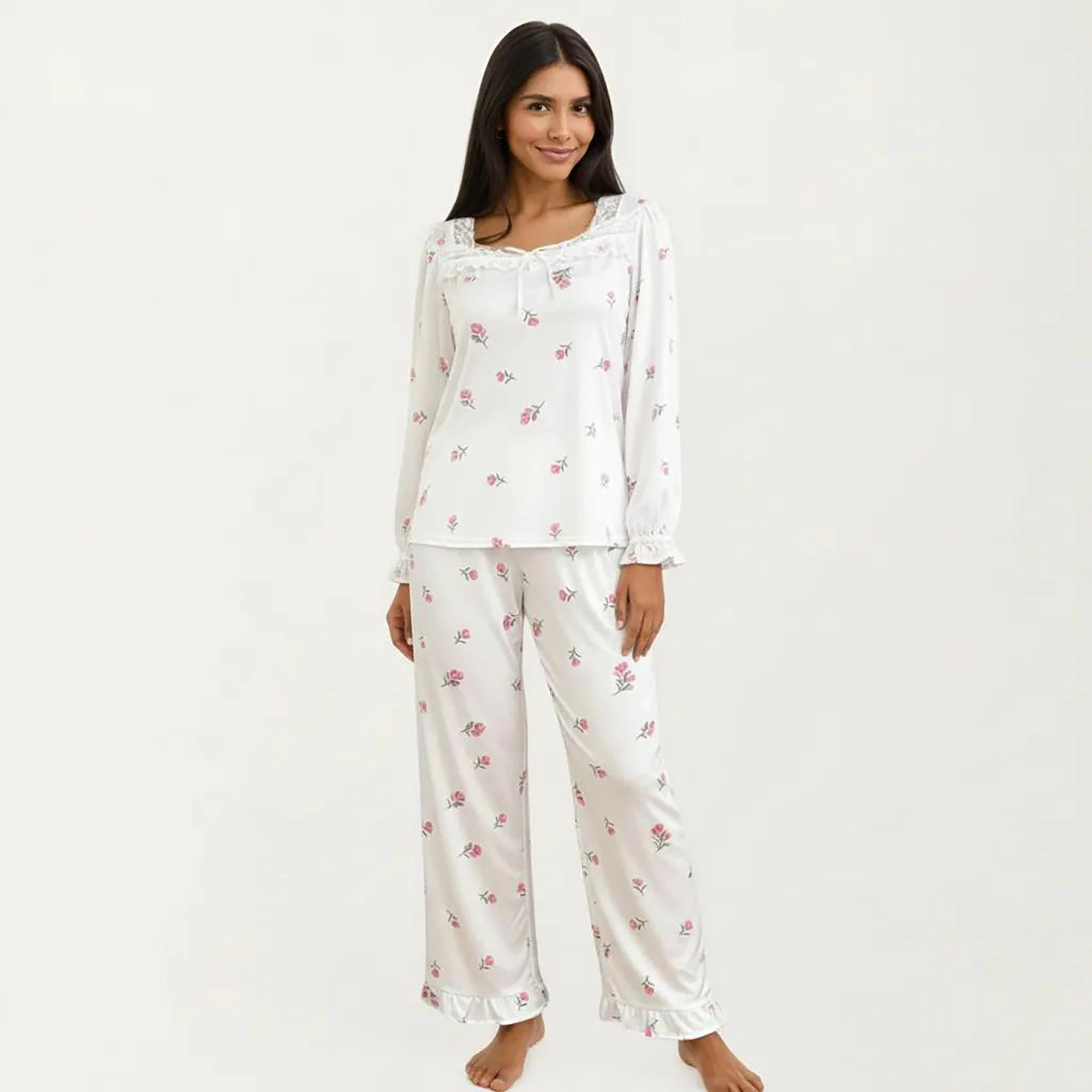 Anna-Kaci Women's 2-Piece Pajama Top with Lace Trim Tie Neck Detail and Relaxed Fit Pants Printed Sleepwear Set