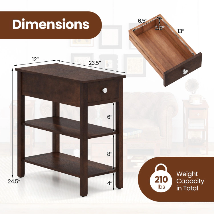 Hivvago 3-Tier Narrow End Table With Drawer And Storage Shelves