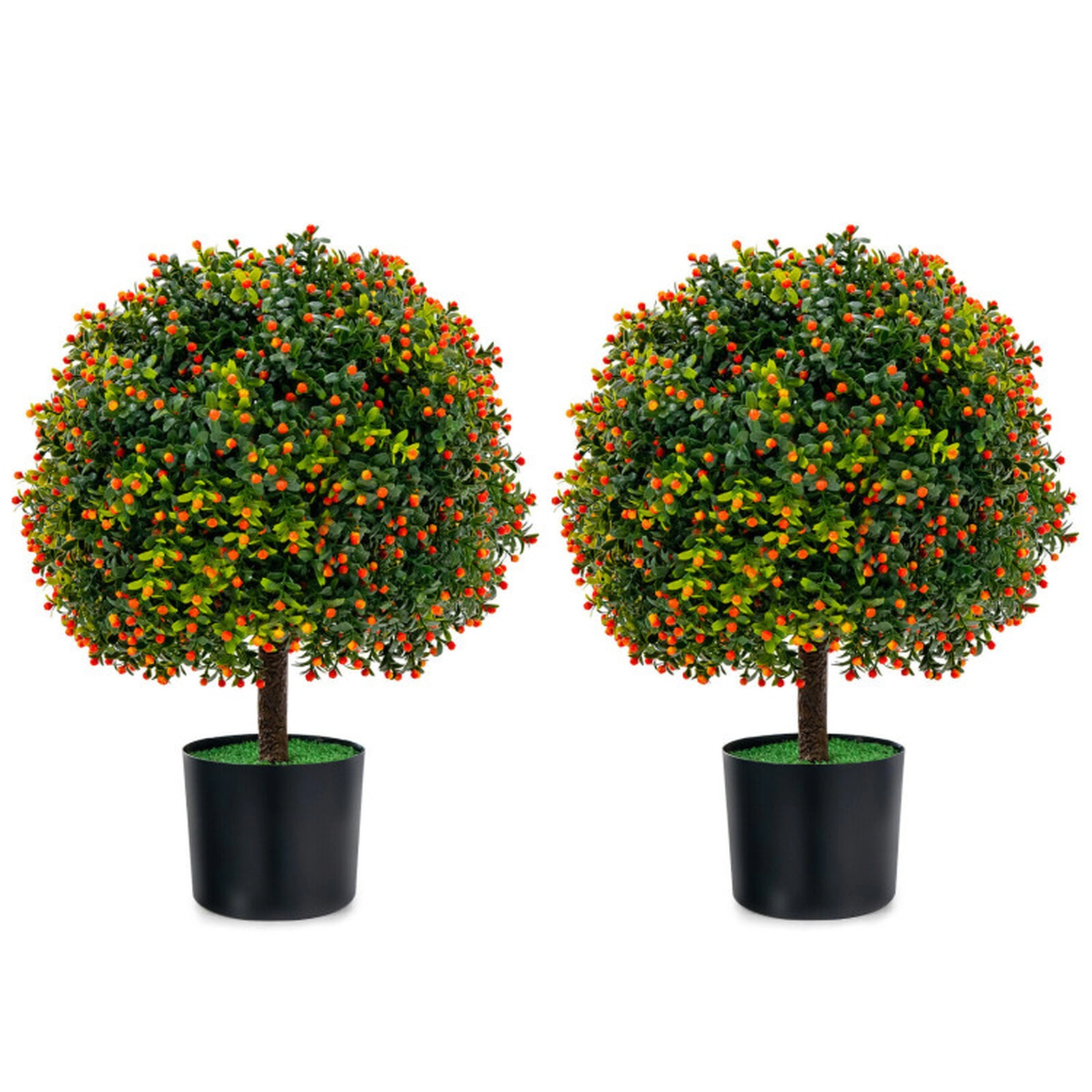 SUGIFT 2-Pack Artificial Boxwood Topiary Ball Tree with Orange Fruit 15-in Boxwood Ball 6-in Flowerpot Green Orange