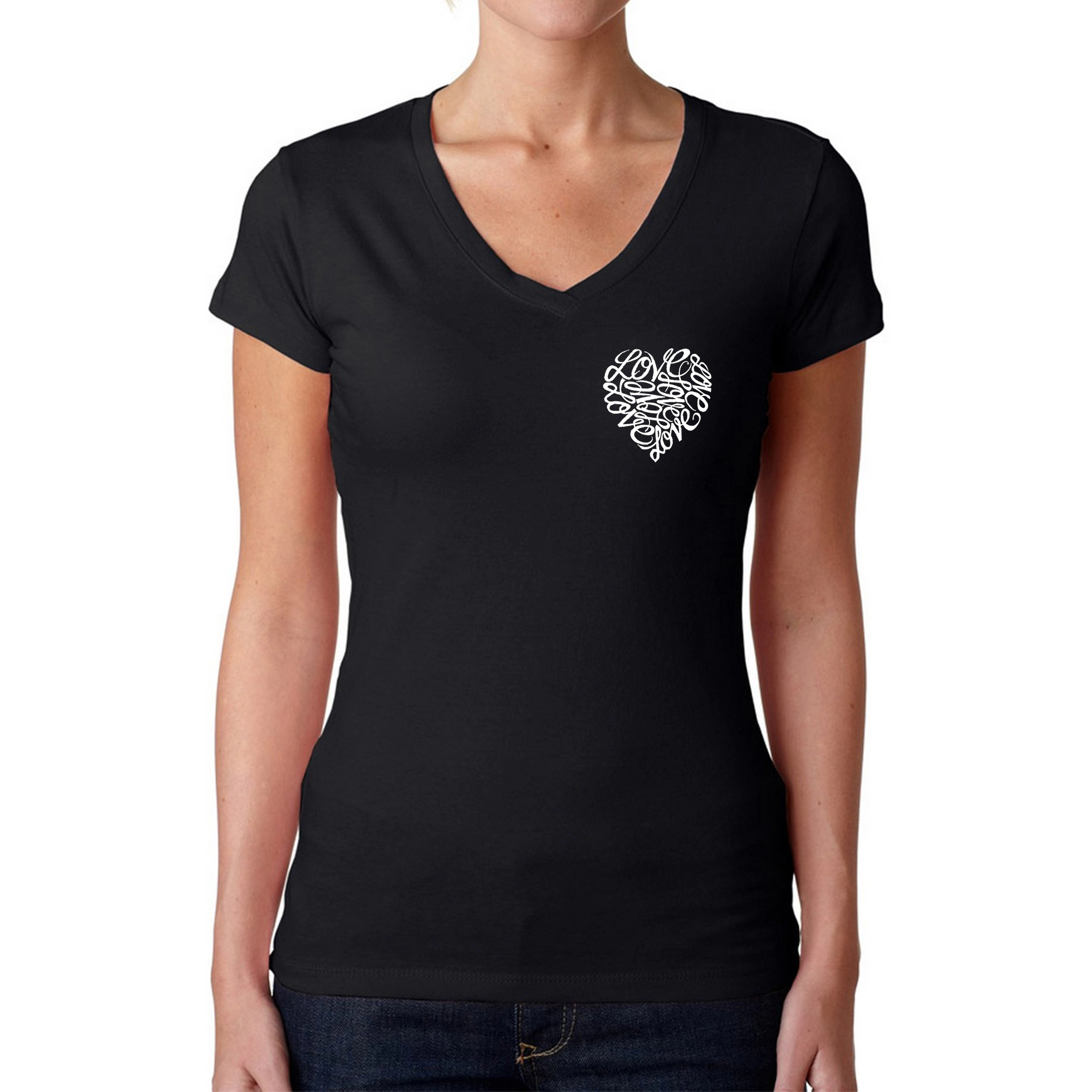 LA Pop Art Womens Word V-Neck T-Shirt - Cursive Heart