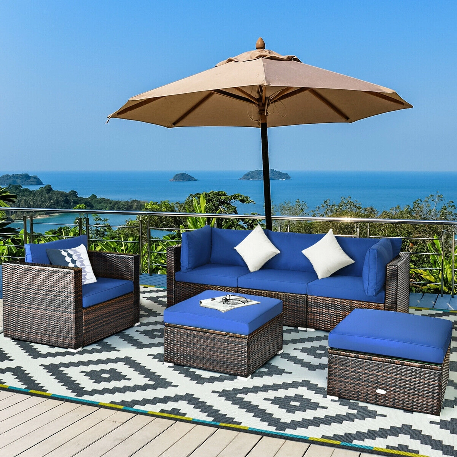 SUGIFT 6 Piece Patio Rattan Furniture Set Blue Sectional Sofa with Ottoman and Cushions