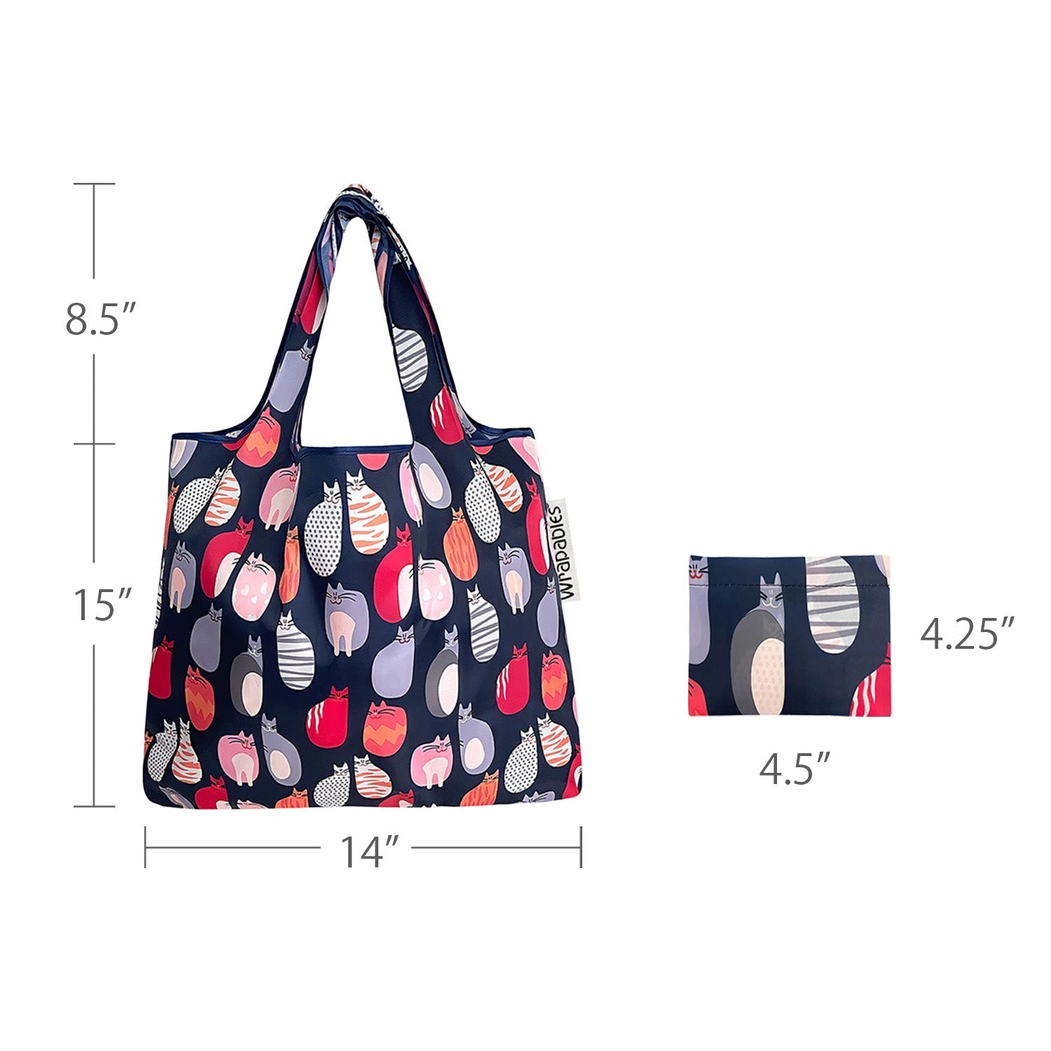 Wrapables Nylon Reusable Shopping Bags for Groceries (Set of 2) M, Stylish Kitties