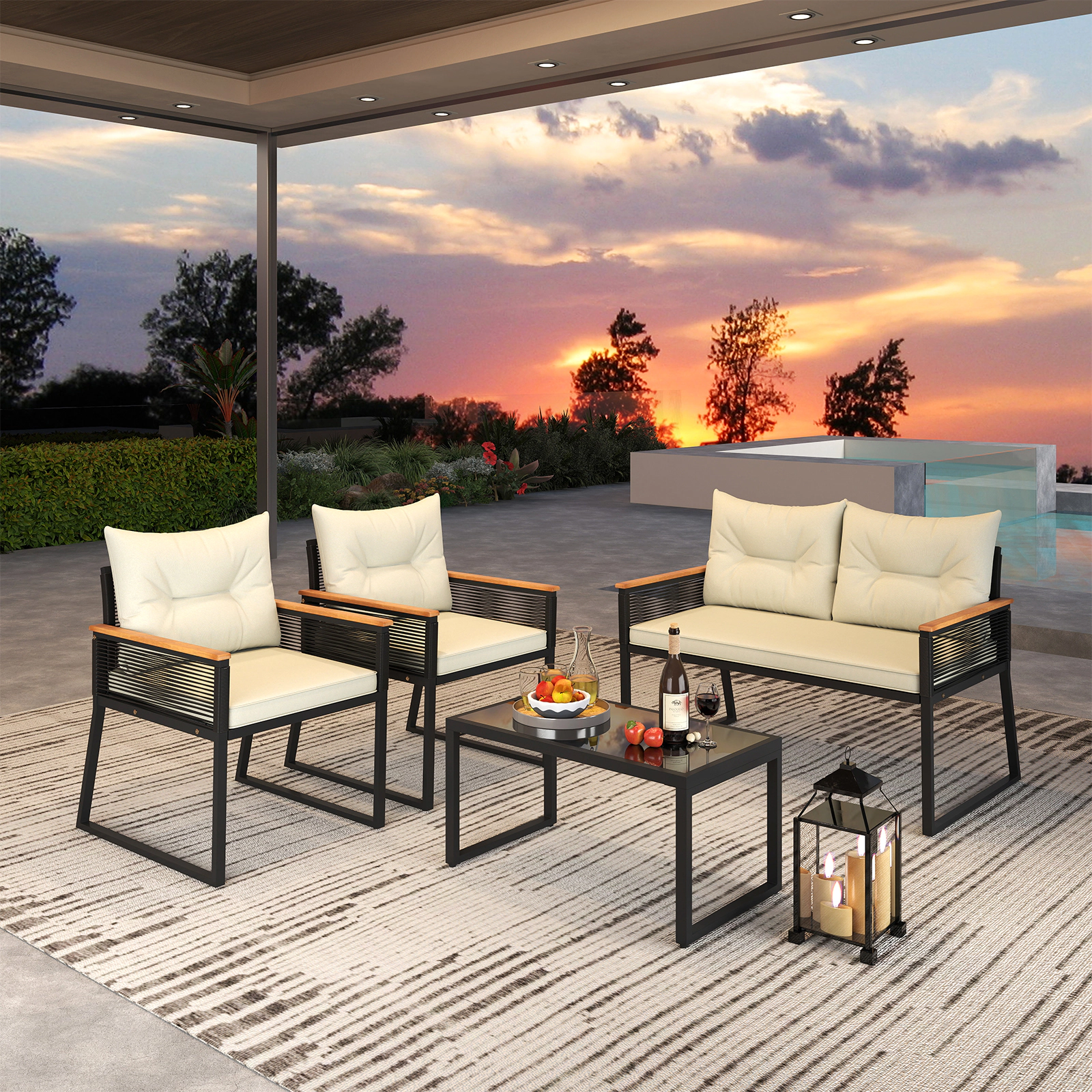 LJG 4 Pieces Patio Furniture Set Outdoor Conversation Set with Tempered Glass Coffee Table