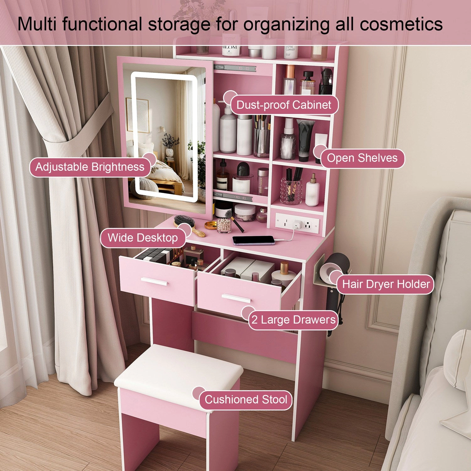 GBruno LED Lighted Vanity Desk Set With Padded Stool