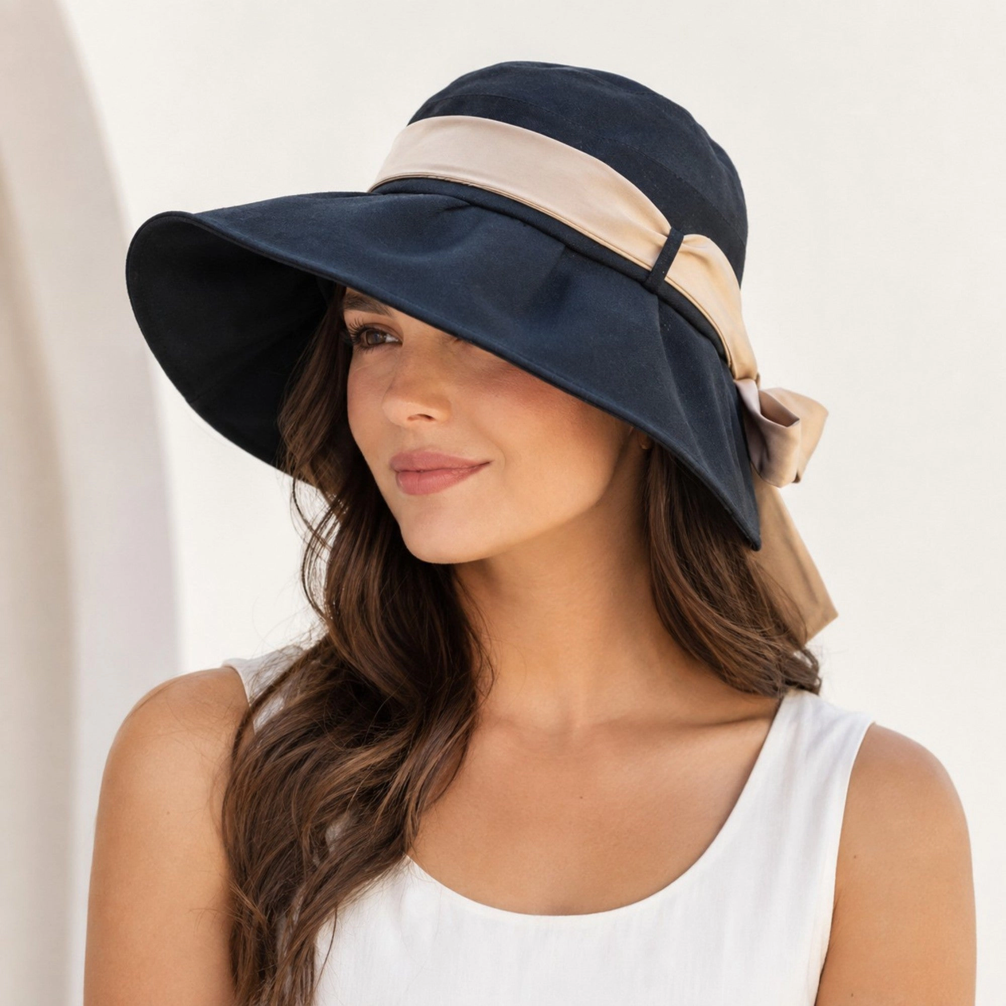 Anna-Kaci Women's Wide Brim Floppy Sun Hat with Contrast Bow Band and Structured Crown