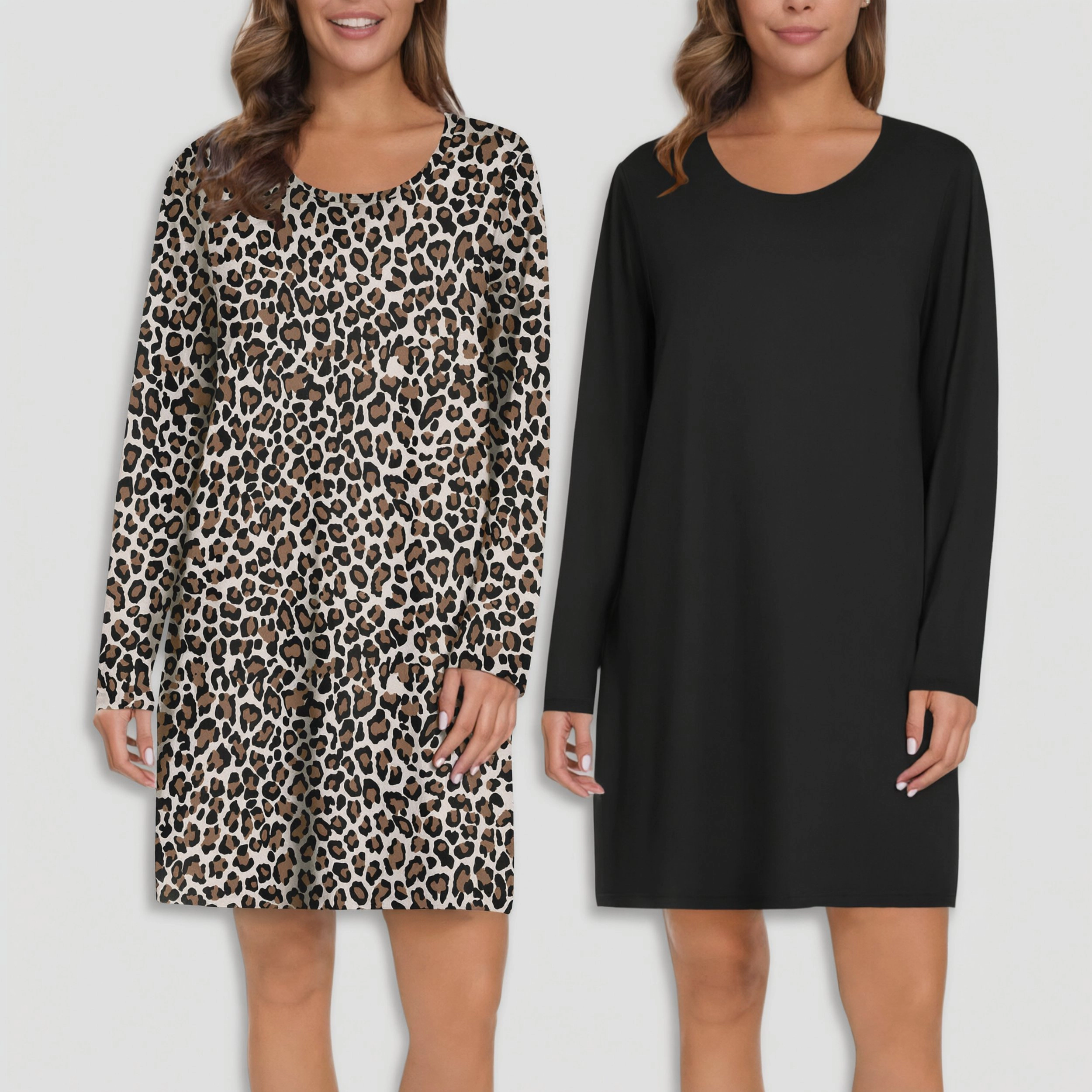 Ekouaer Women's Long Sleeve Sleepshirt Nightgown Leopard Print & Solid