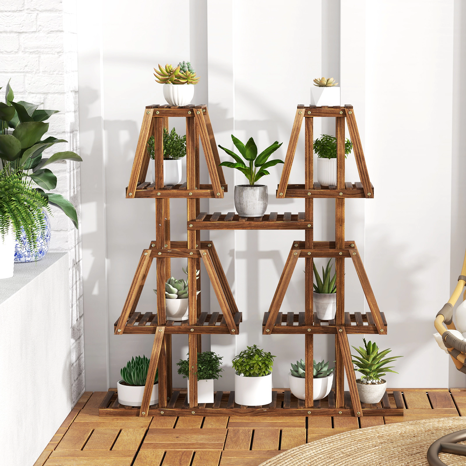 SUGIFT Brown 5-Tier 45-in Wooden Plant Stand with 10 Shelves Tiered Plant Shelf for Indoor and Outdoor