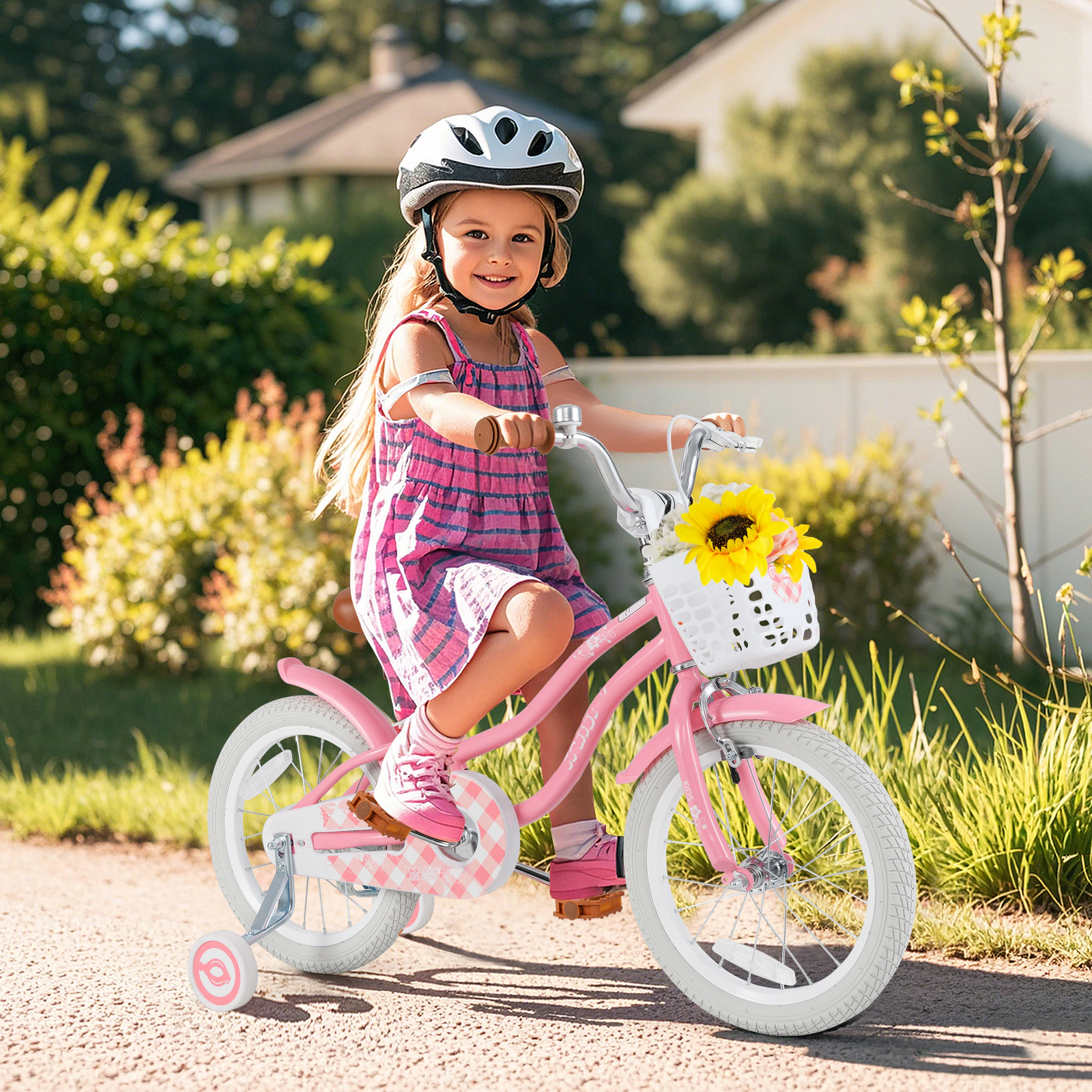 SUGIFT 16-Inch Kids Bike with Training Wheels, Dual Brakes and Basket 99-lb Capacity Ages 4-7 Years Peach