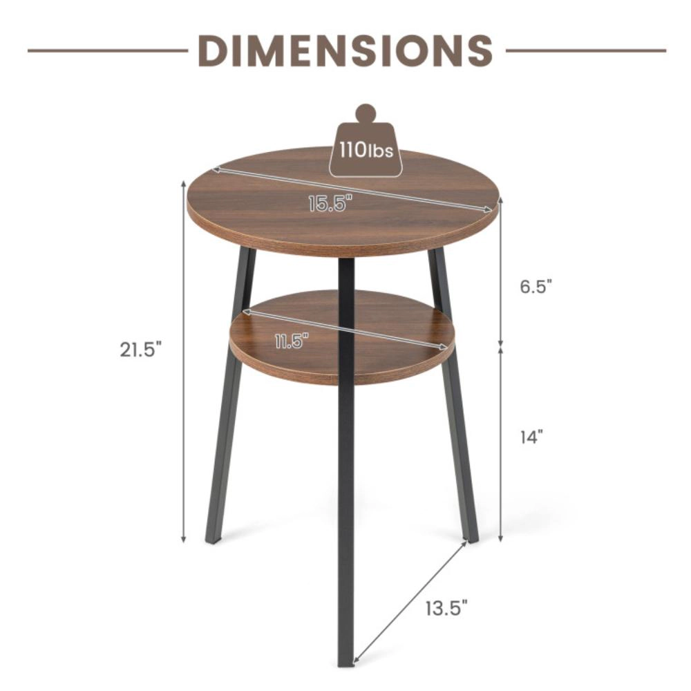 Hivvago Set of 2 Round Two-Tier Side Tables with Open Storage Shelf and Sturdy Triangular Metal Base