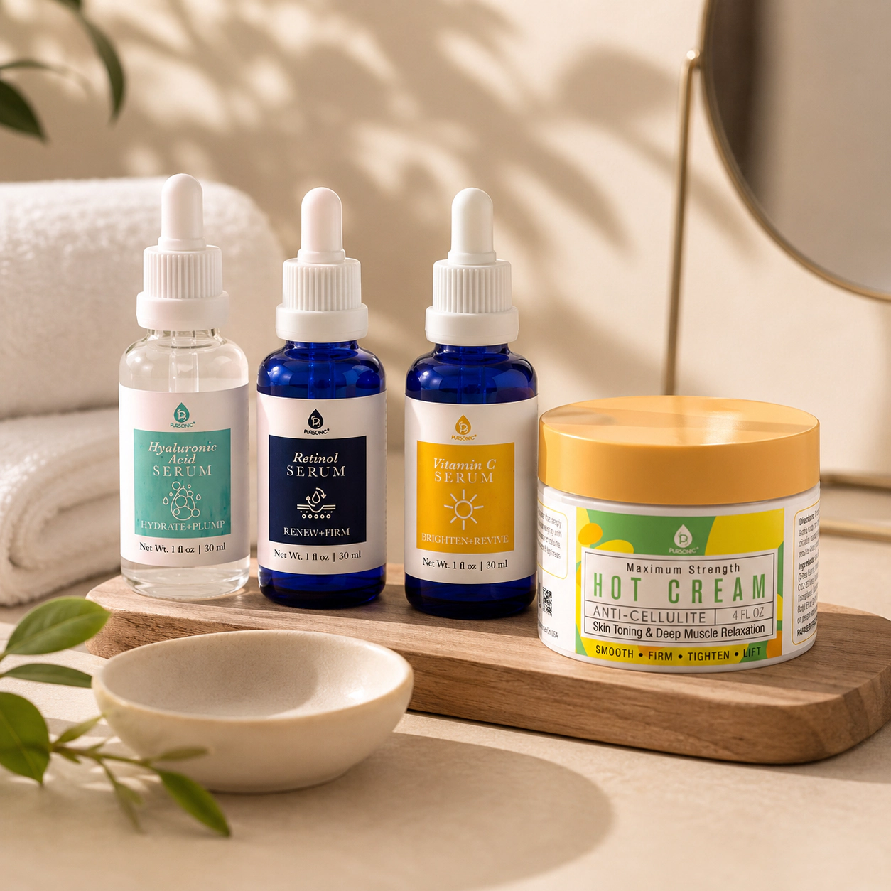 Pursonic Unisex Advanced Skincare & Body Care Bundle – Anti-Cellulite Hot Cream & Anti-Aging Serum Treatment Set