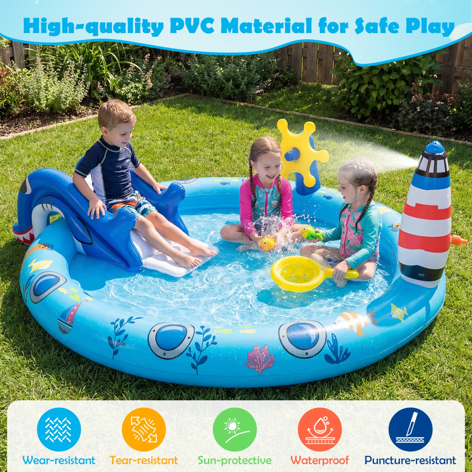 SUGIFT Shark Slide Lighthouse Sprinkler and Fishing Game Kids Inflatable Marine Spray Pool Play Center
