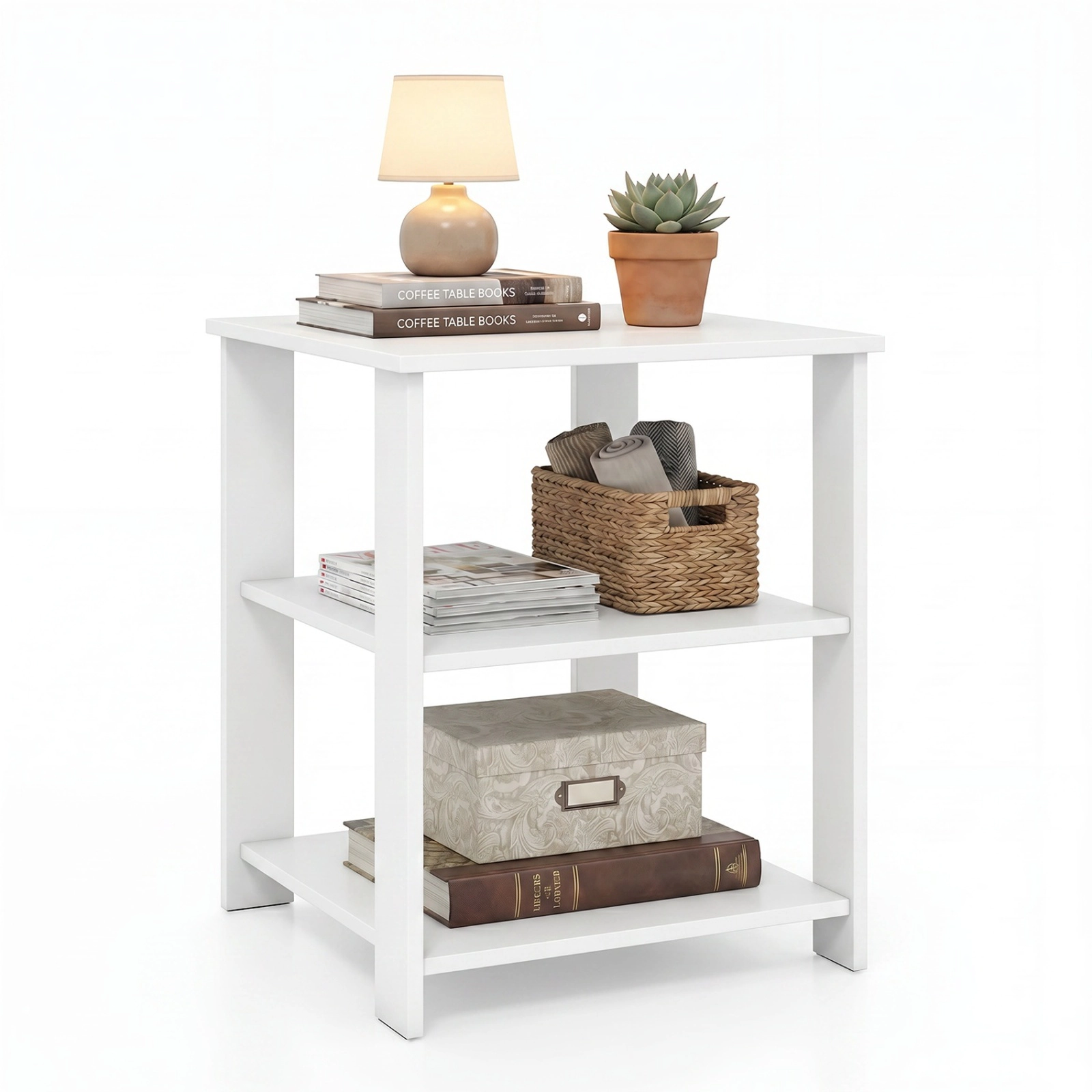 SUGIFT 3-Tier Modern Nightstand Square Side Table with Open Storage Shelves 66-lb Capacity White