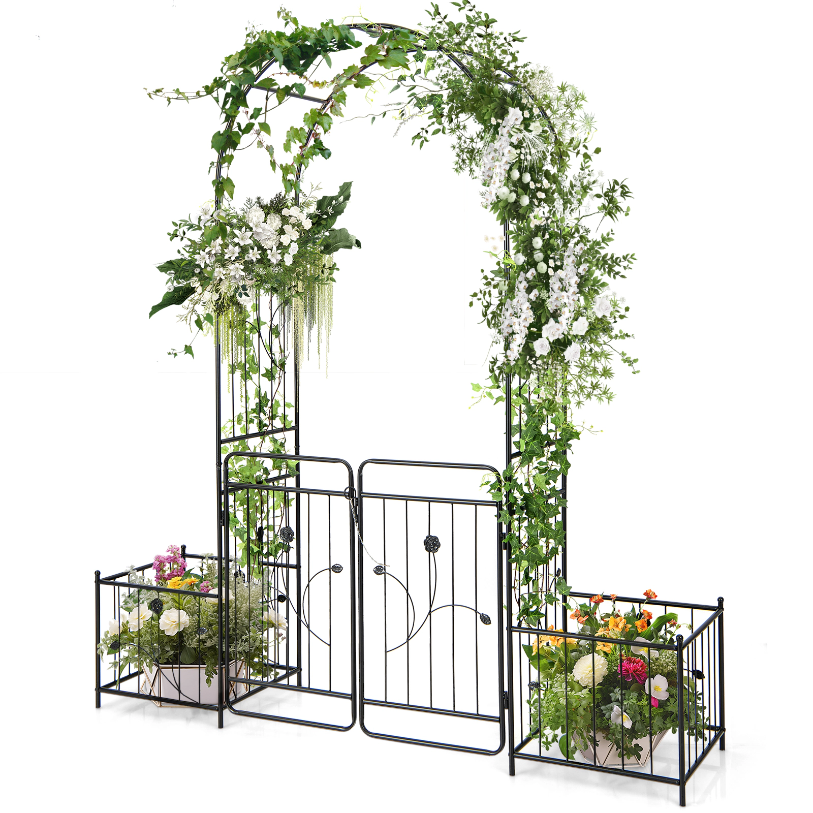 SUGIFT Arched Metal Garden Arbor with Lockable Gate and 2 Side Planters 87-in Tall 28-lb Net Weight Black
