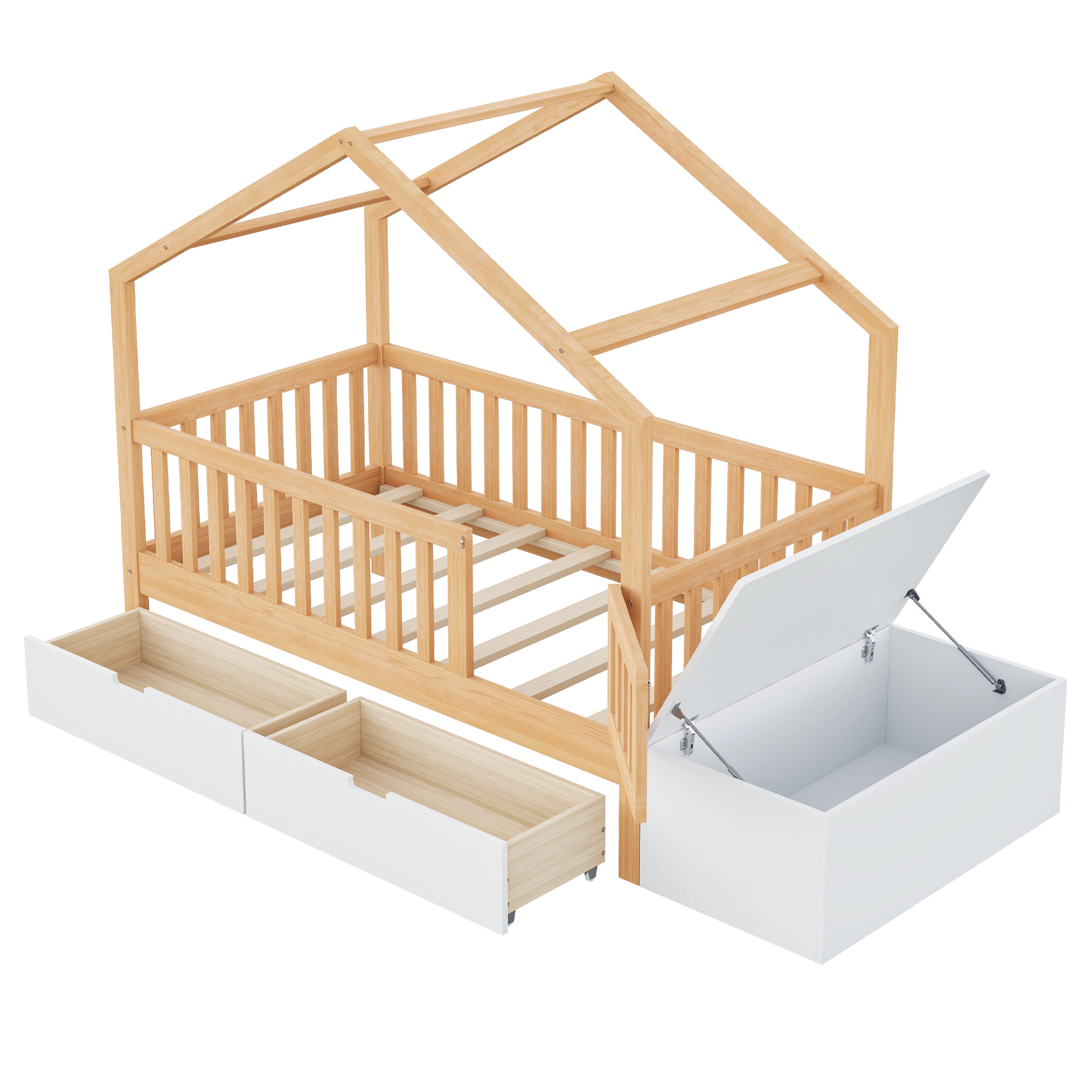 Flynama Toddler Playhouse Bed with Storage, Safety Gate & Lift-Top Chest, Natural & White
