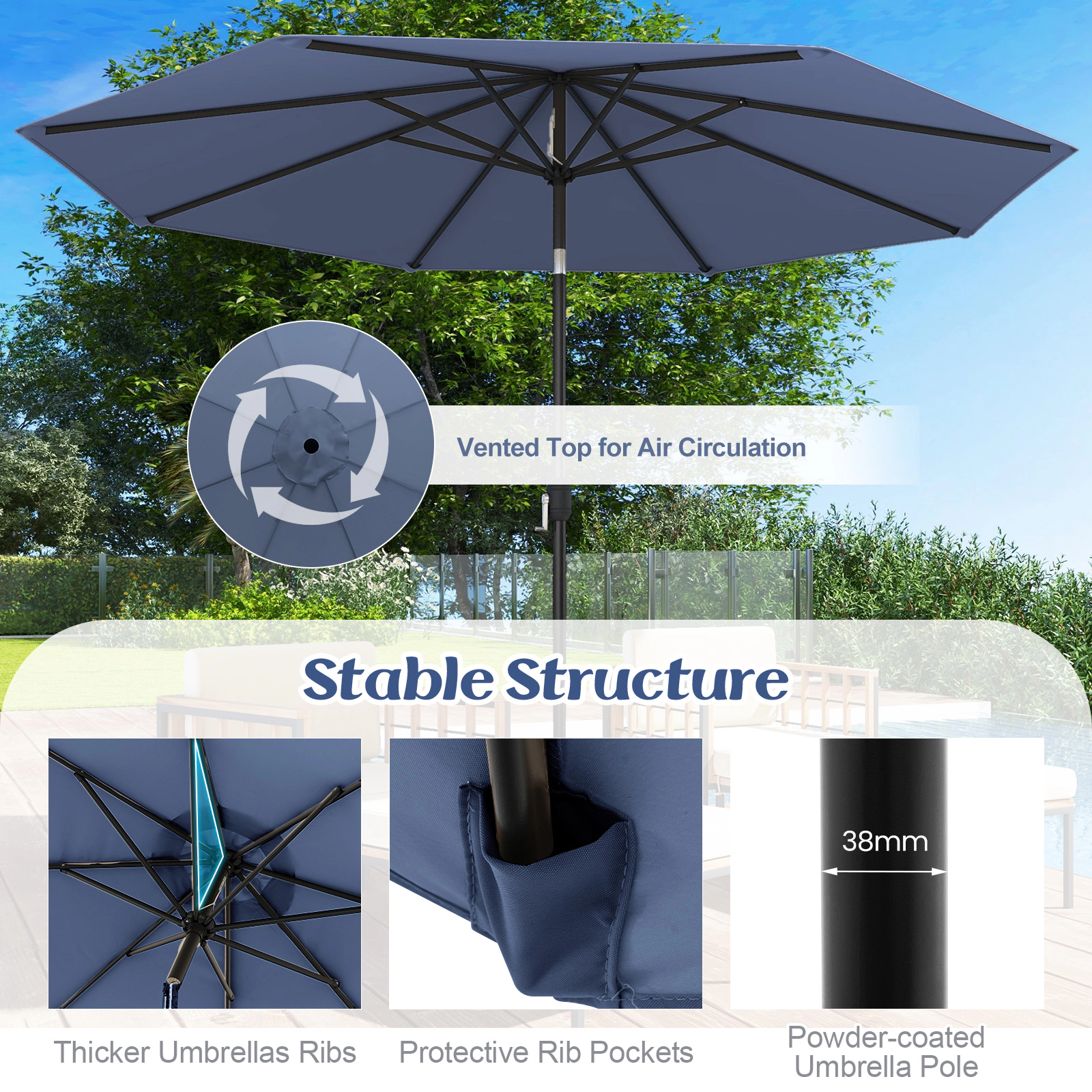 SUGIFT 10-ft Navy Patio Umbrella with Push Button Tilt Hand Crank and Steel Pole for Deck Pool and Cafe