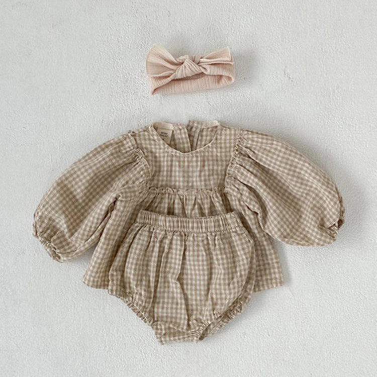 MyKids-USA Baby Girl Plaid Pattern Loose Blouses With Shorts Sets