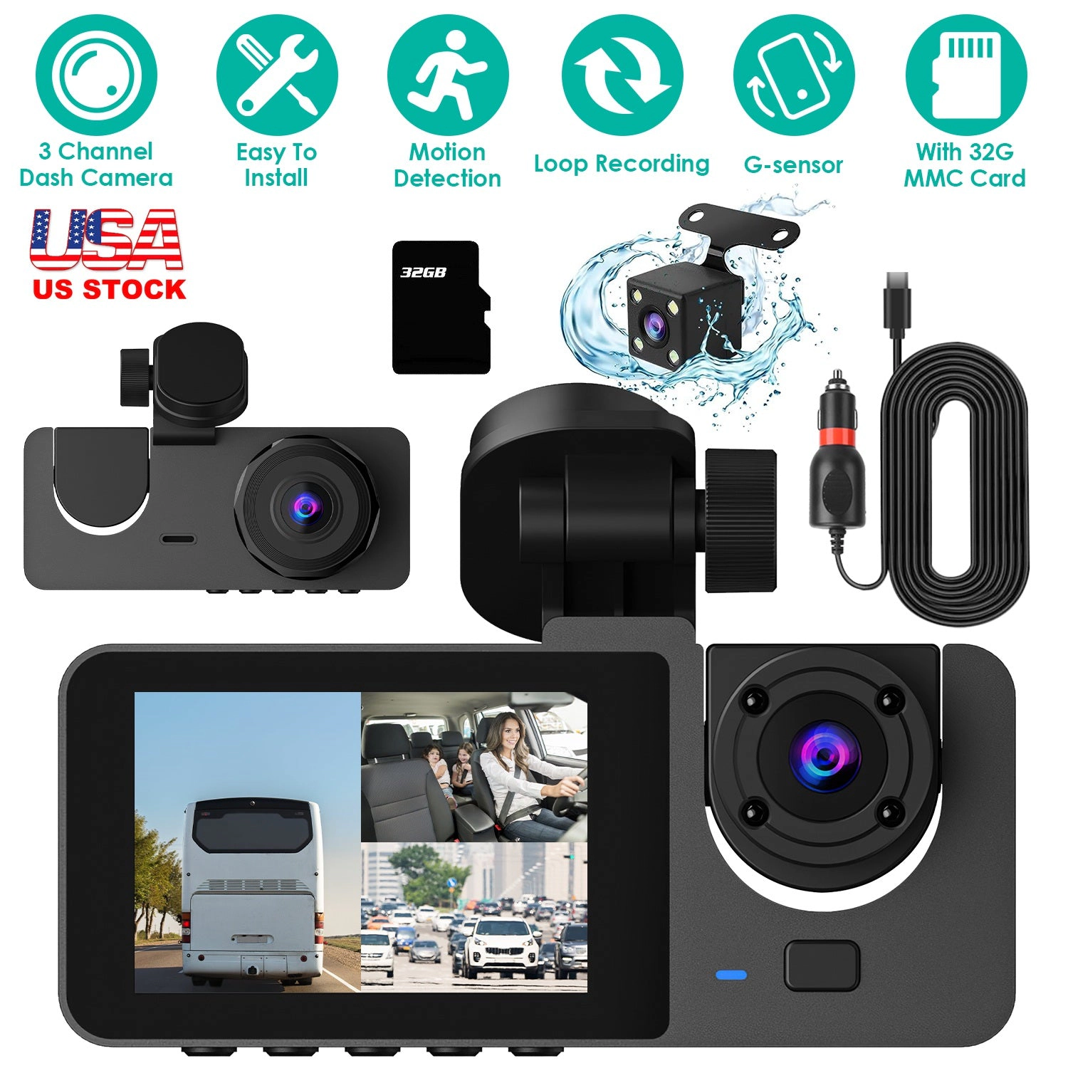 GBruno 3-Channel Dash Cam With 32GB Card
