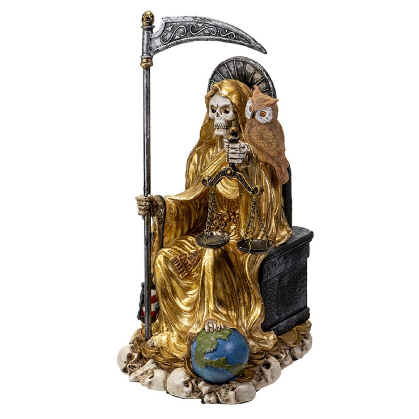 Pacific Giftware Sitting Santa Muerte in Gold Gown with Owl and Scale Figurine 9 Inch