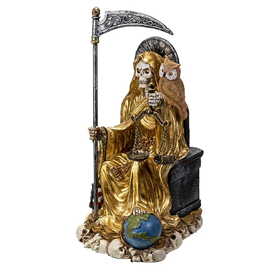 Pacific Giftware Sitting Santa Muerte in Gold Gown with Owl and Scale Figurine 9 Inch