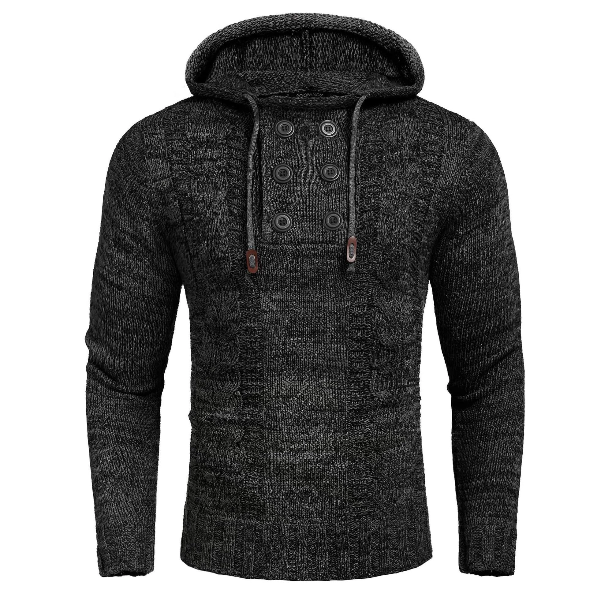 COOFANDY Mens Casual Long Sleeve Hooded Sweater Fall Button Up Cable Knit Pullover