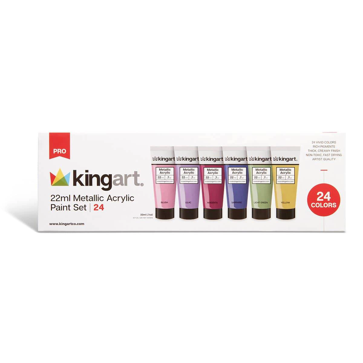 KINGART PRO Metallic Acrylic Paint Set - 24 Shimmery Colors, 22ml Tubes