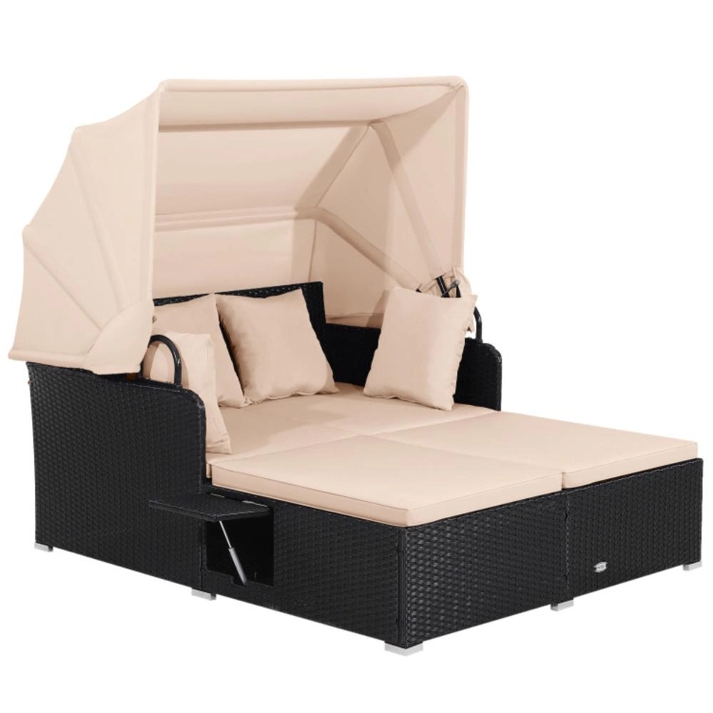 Hivvago Patio Rattan Daybed With Retractable Canopy And Side Tables