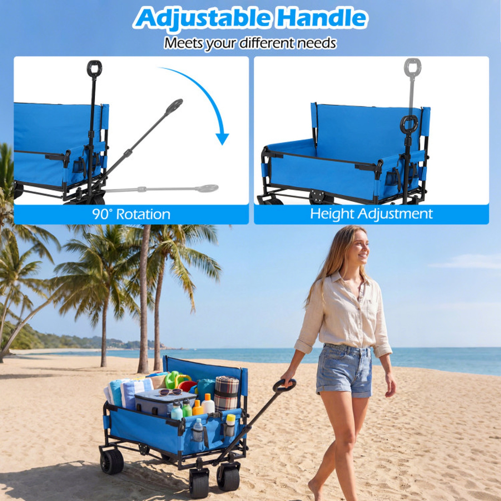 SUGIFT Blue 2-in-1 Collapsible Beach Wagon with Bench Seat and Rotating Handle 38-in W 176-lb Load Capacity