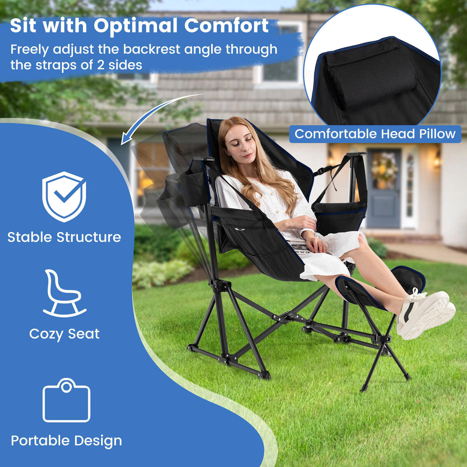 SUGIFT Black Hammock Camping Chair with Retractable Footrest 36-in W 31.5-in to 42-in H 330-lb Seat Capacity