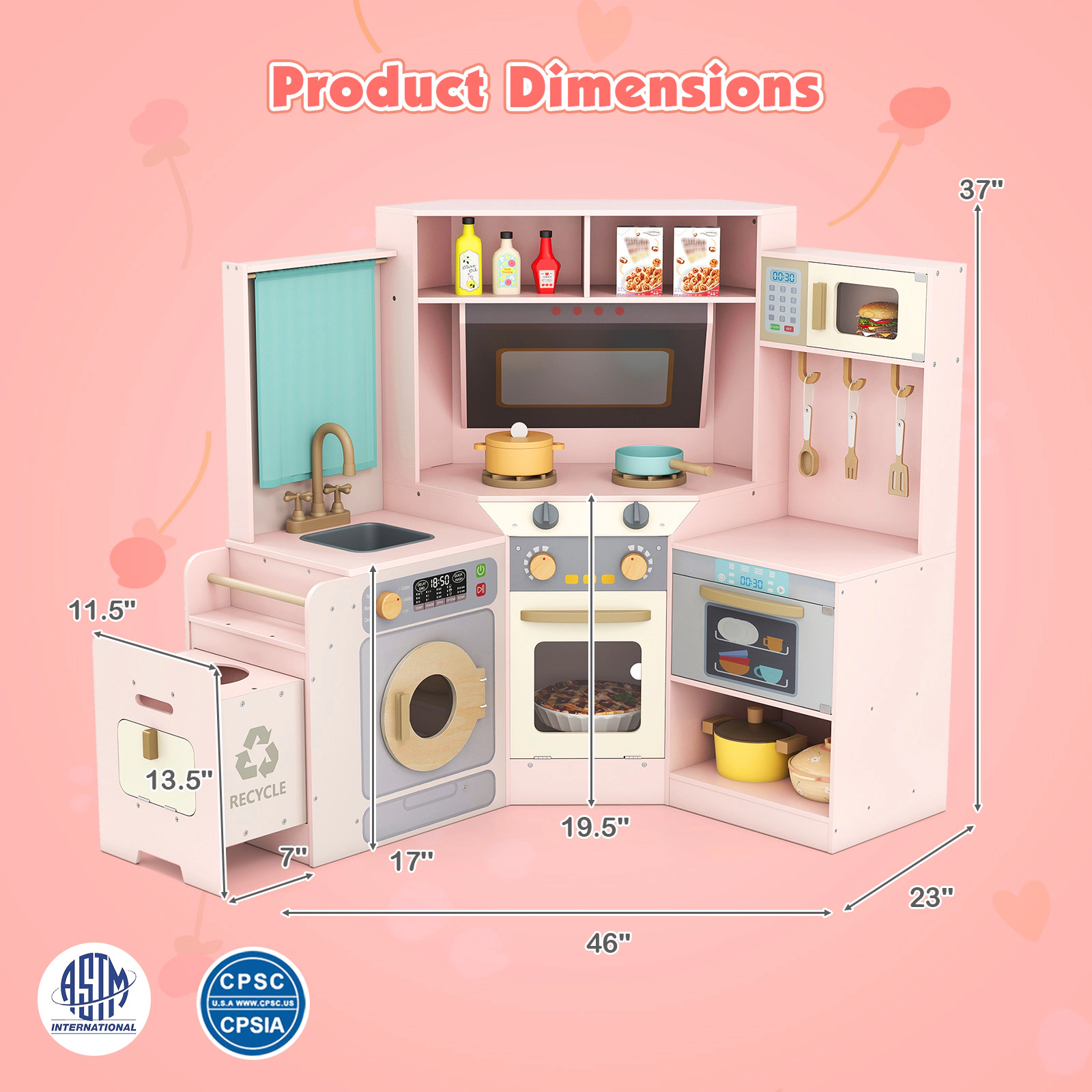 Corner Kids Play Kitchen with Pull-Out Trash Can Lighted Stoves Dishwasher and Curtain 46-in x 23-in x 37-in Pink